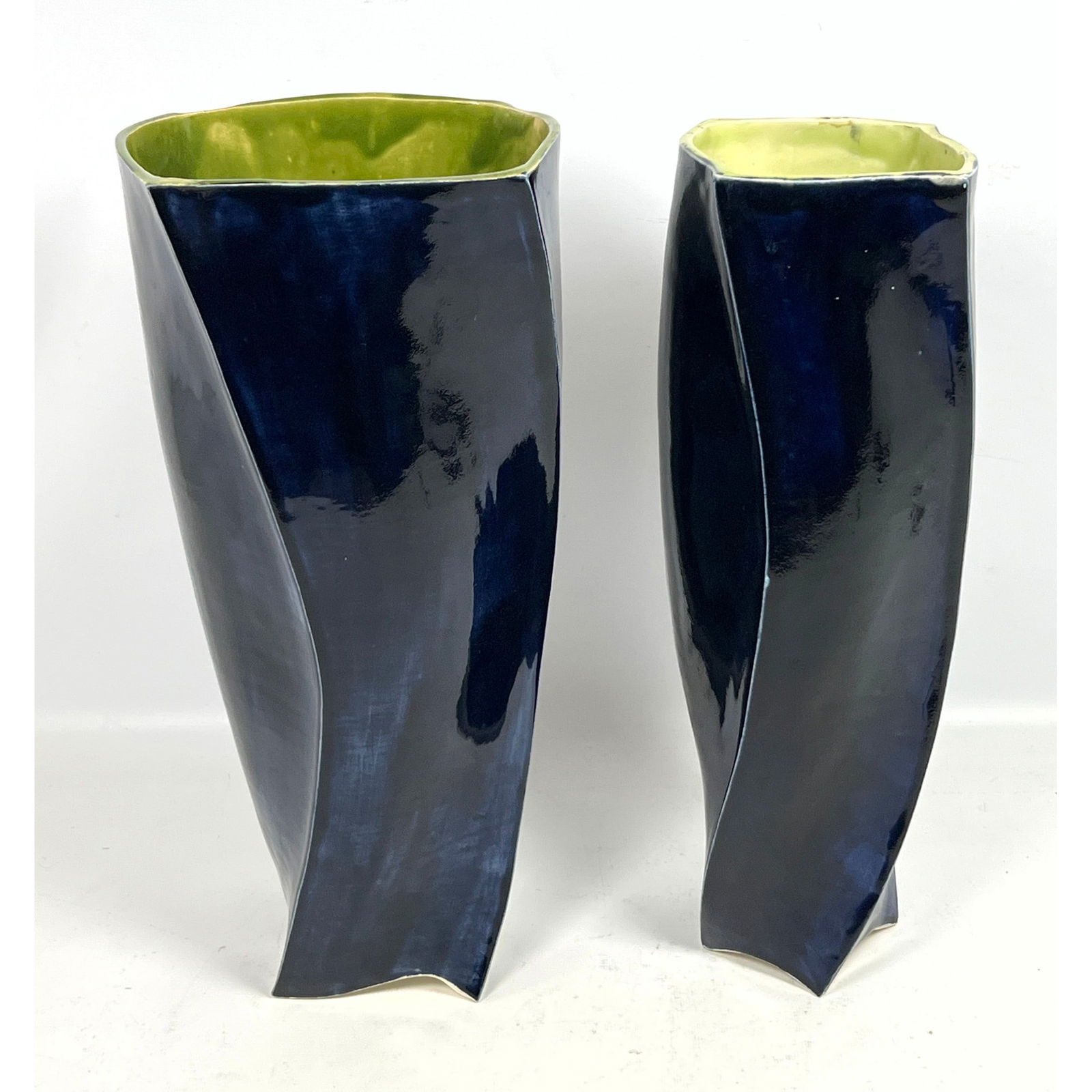 2pc Signed Studio Glazed Pottery Vase. Twisted 4 Sided Vessels. Signed PAC3, 2013. (1 of 14)