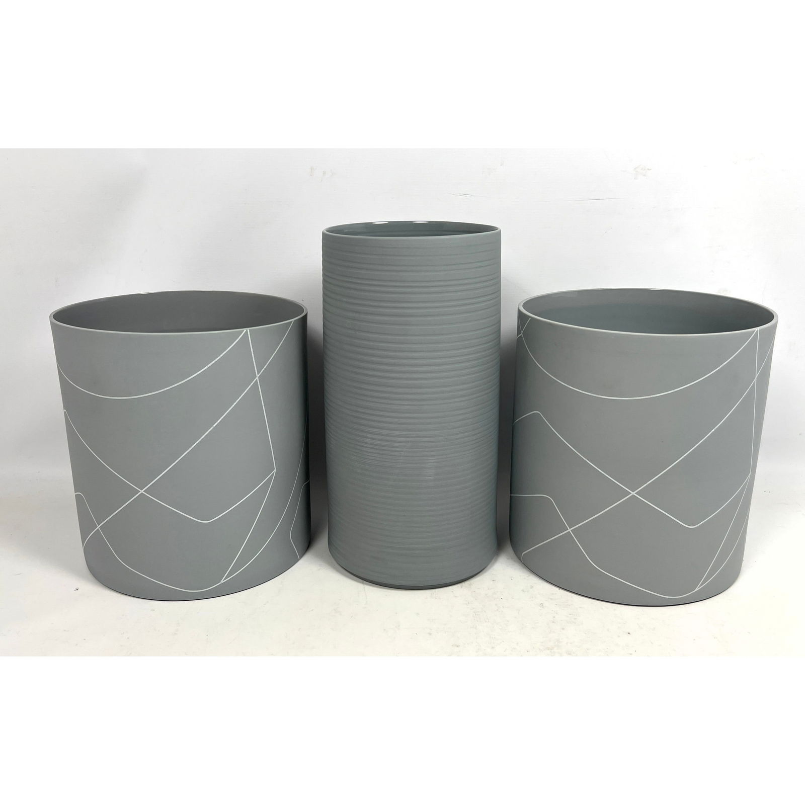 3pc BARBARA BARRY for MIDDLE KINGDOM Porcelain. Matte Gray Vases, Planters. Marked. Some with BB for: 3pc BARBARA BARRY for MIDDLE KINGDOM Porcelain. Matte Gray Vases, Planters. Marked. Some with BB for MK Brochure Dimensions: Height: 12 inches, Width: 5.5 inches, Depth: 5.5 inches. - Additional Dimen