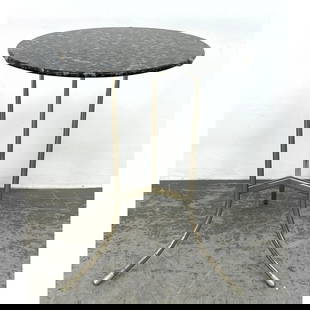 CEDRIC HARTMAN Modern Designer Tripod Side Table. Round Stone Top. Marked. Serial #950156.: CEDRIC HARTMAN Modern Designer Tripod Side Table. Round Stone Top. Marked. Serial #950156. Dimensions: Height: 23.5 inches, Width: 17 inches, Depth: 17 inches. --- - We offer curbside delivery for mos