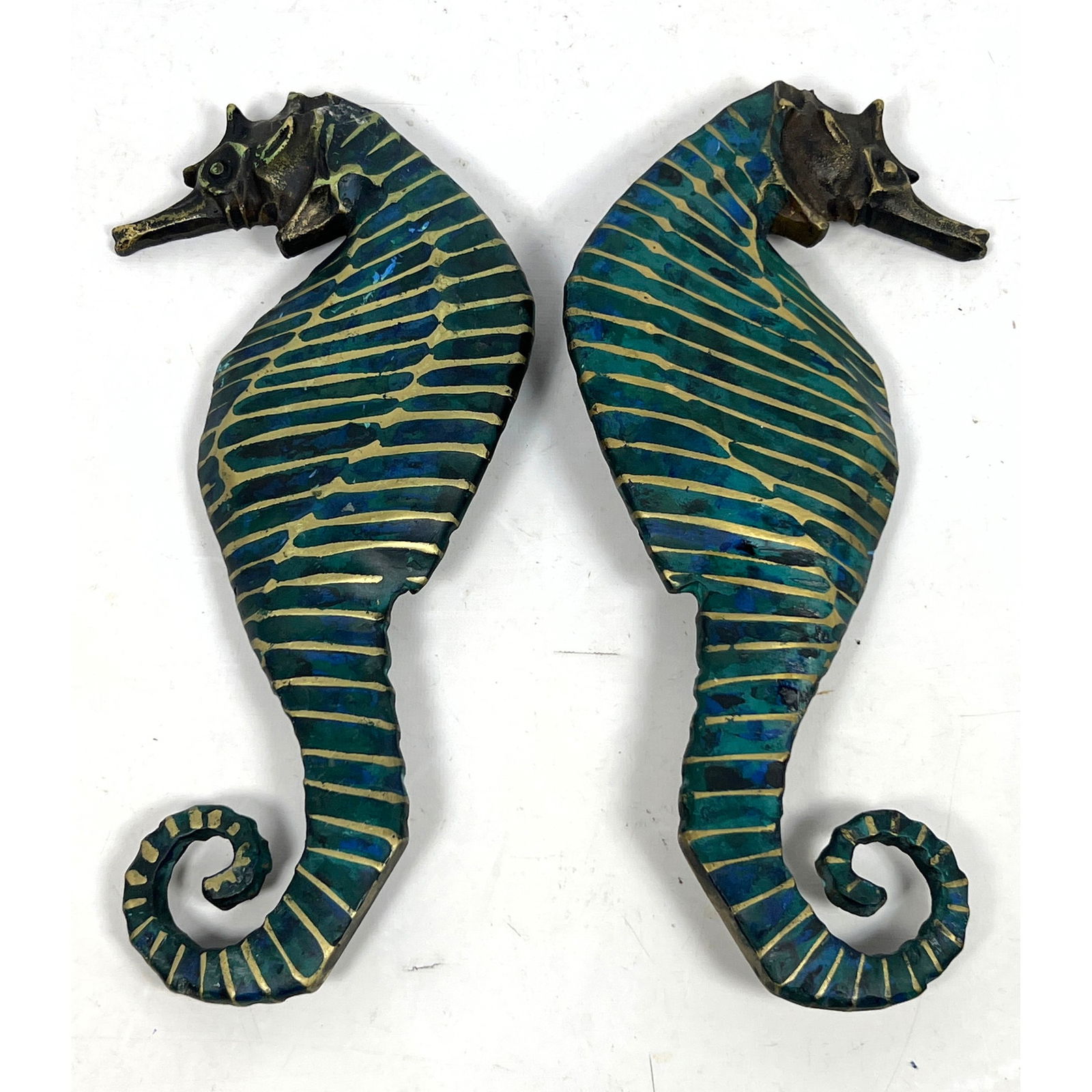 Pr Enameled Bronze Large Seahorse Door Handles Pulls. Charming figures. After Mendoza. (1 of 13)