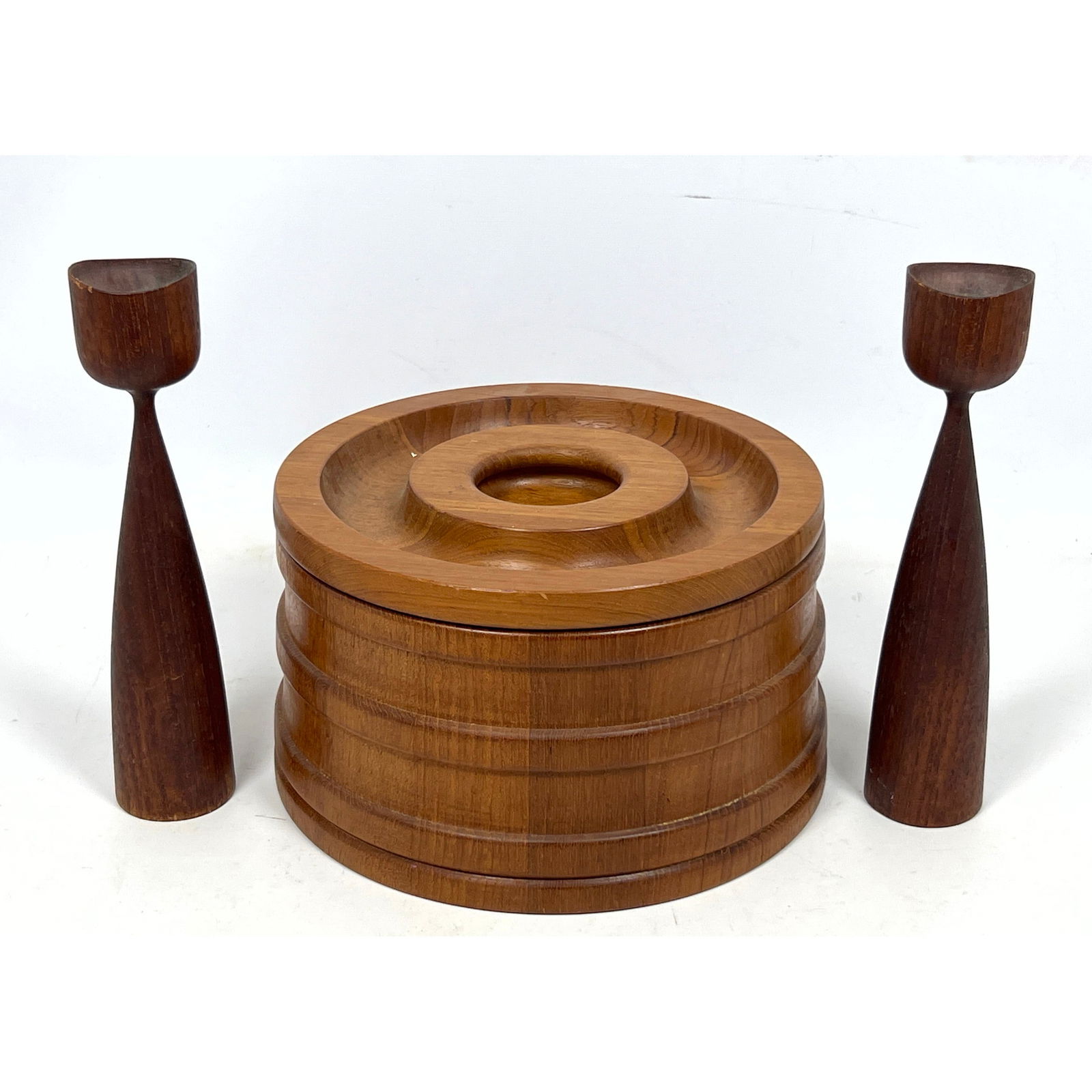 3pc Danish Modern Teak. DANSK by JENS QUISTGAARD Ice Bucket; marked. Candle holders (1 of 13)