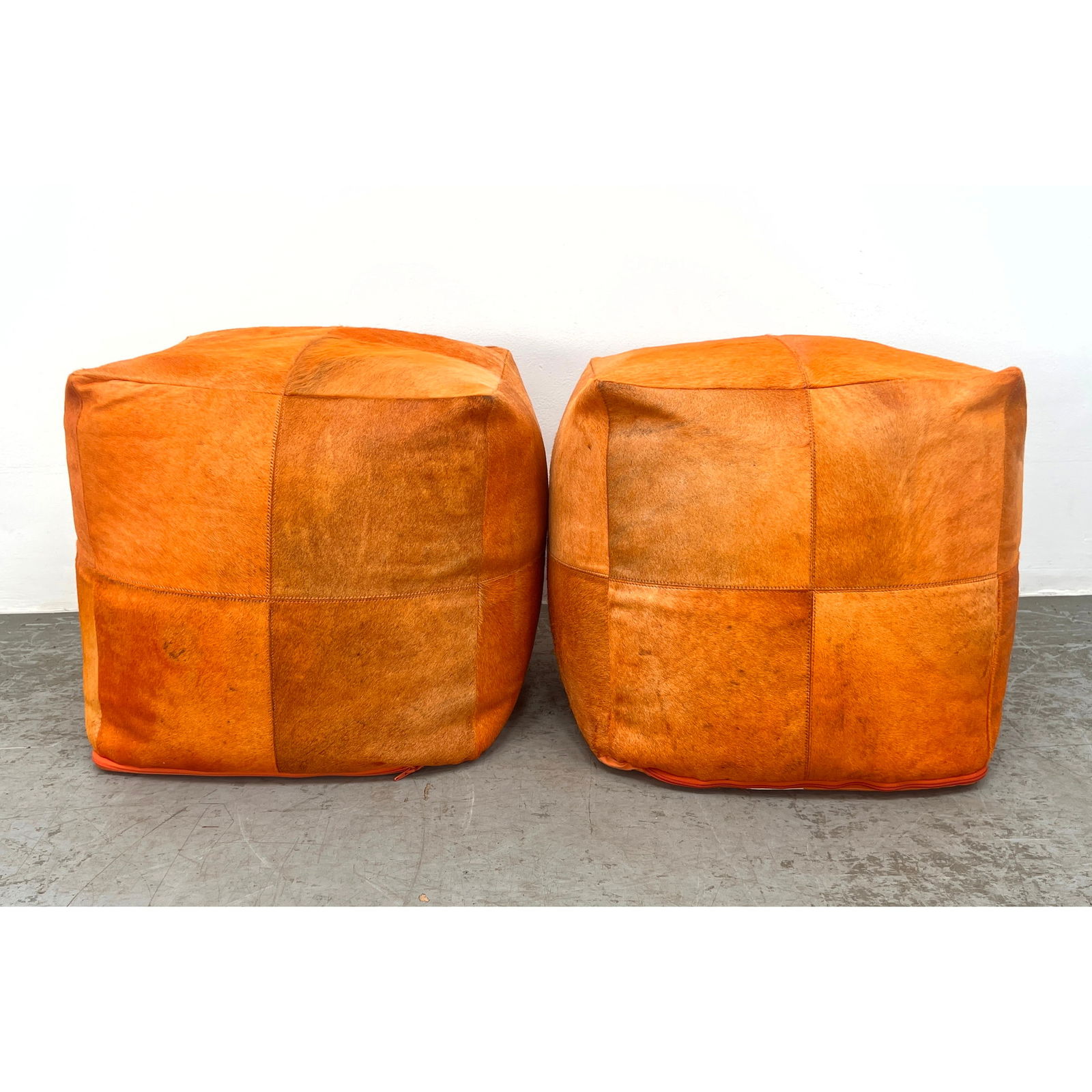 Pr Orange Natural Hide Patchwork Cube Ottoman Stools. (1 of 10)