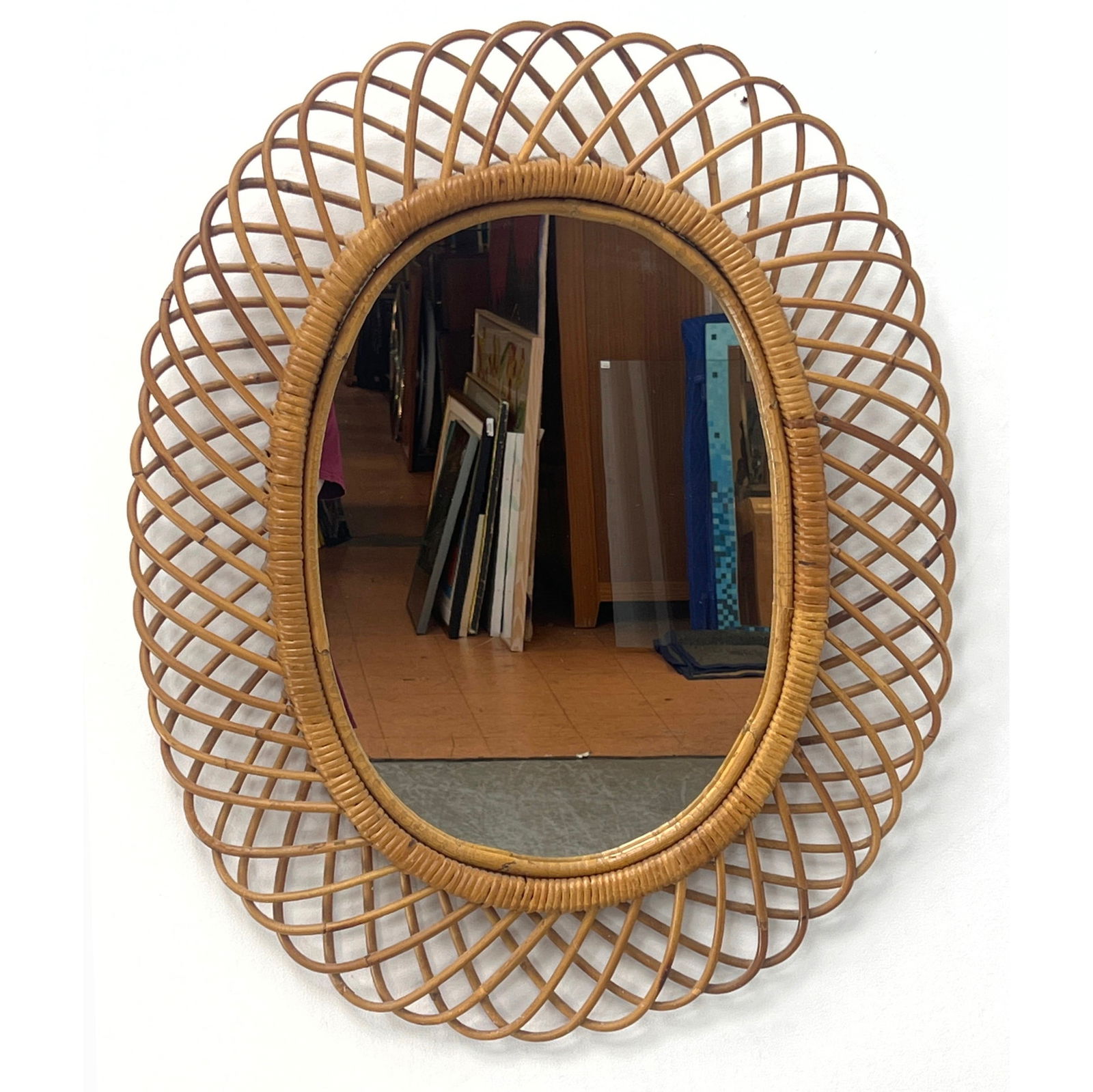 ROSENTHAL NETTER Scalloped Rattan Oval Mirror. Franco Albini style Looped Rattan Frame. R-N Paper LA (1 of 10)