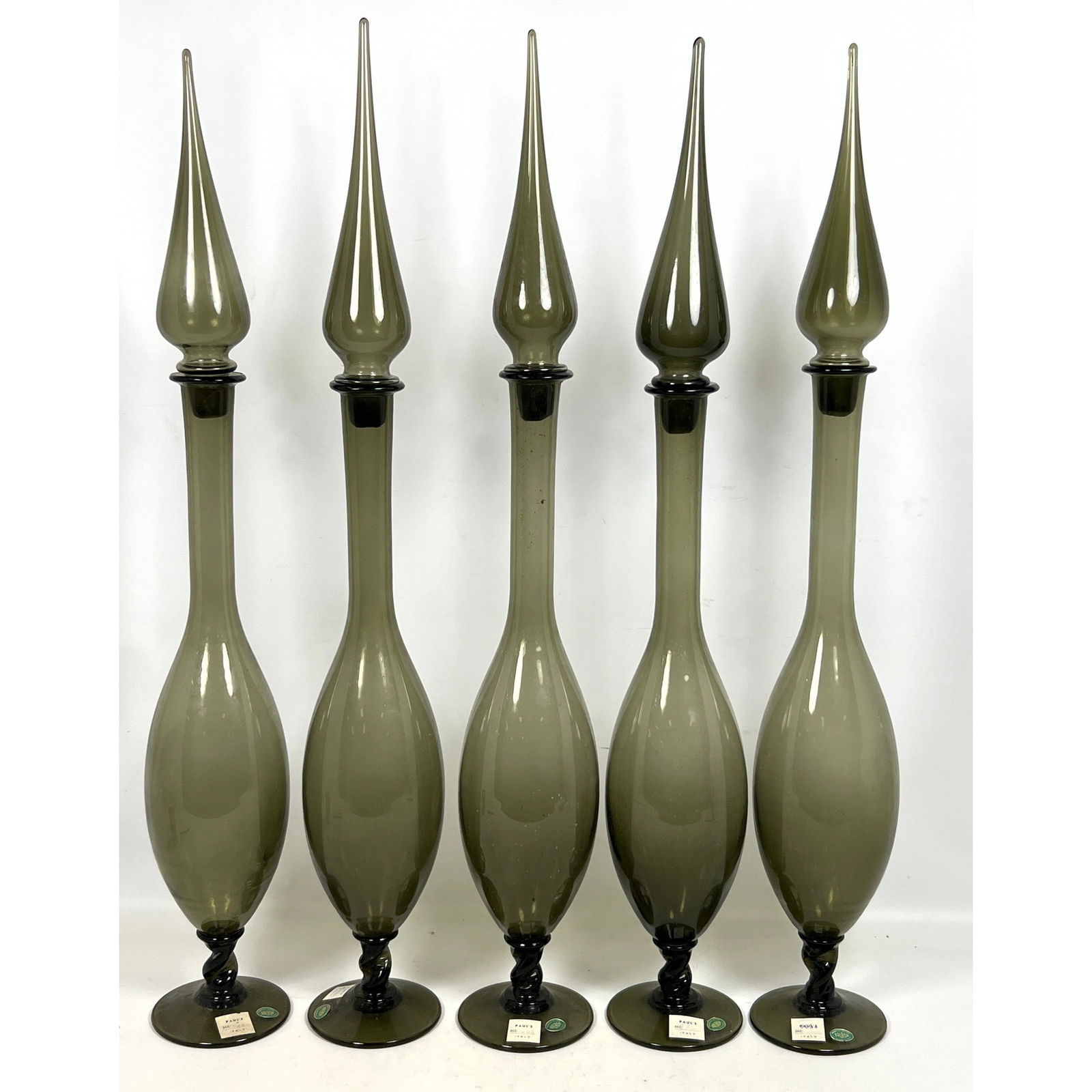 Set 5 Balboa Italy Tall Stoppered Bottles. Long Necks. Handmade venetian glass.: Set 5 Balboa Italy Tall Stoppered Bottles. Long Necks. Handmade venetian glass. Dimensions: Height: 33.5 inches, Width: 5 inches, Depth: 5 inches. --- - We offer curbside delivery for most items to NY