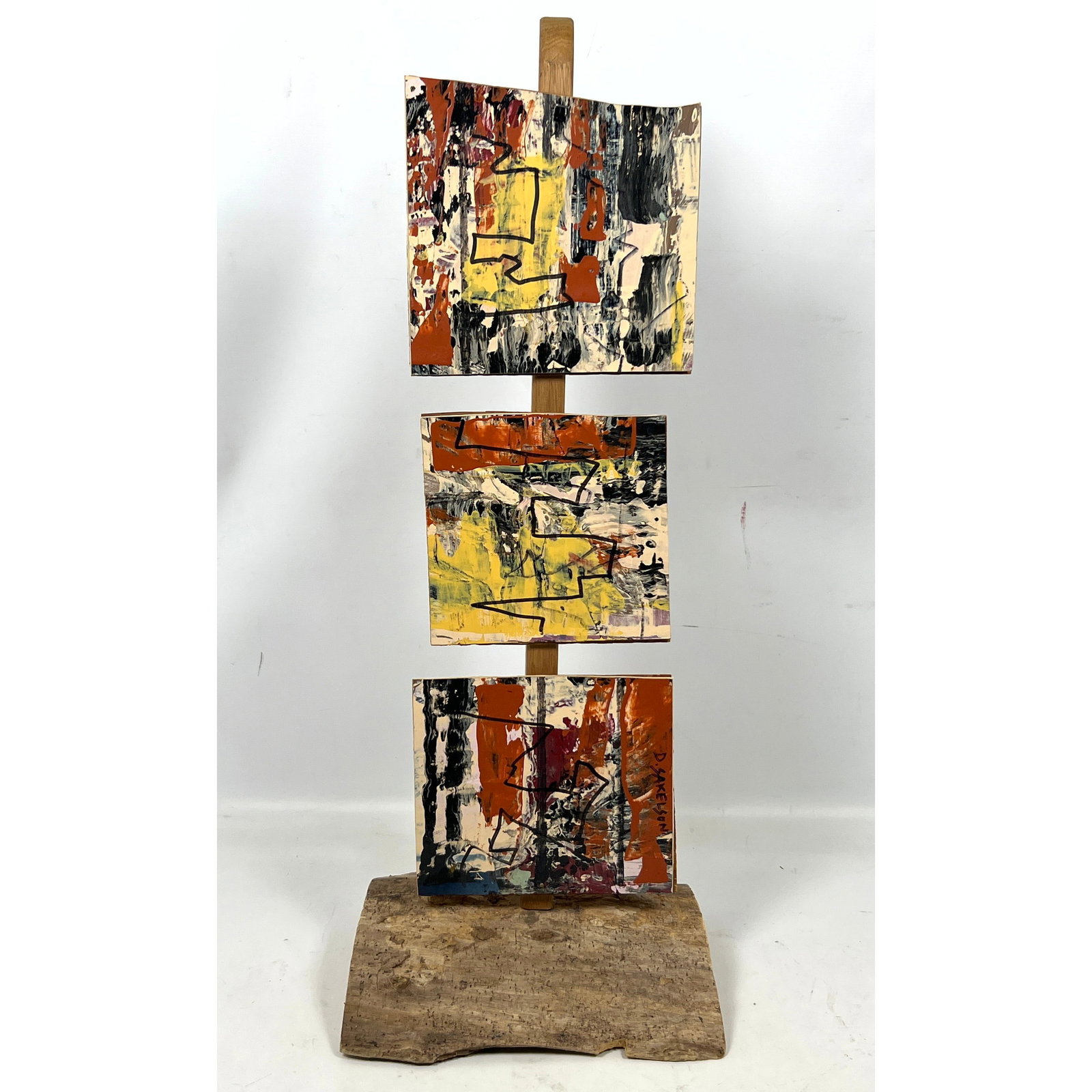 Dennis Sakelson Painted Totem sculpture. Wood Panels.: Dennis Sakelson Painted Totem sculpture. Wood Panels. Dimensions: Height: 27 inches, Width: 9.5 inches, Depth: 8 inches. --- - We offer curbside delivery for most items to NYC, Manhattan, Close Brookl