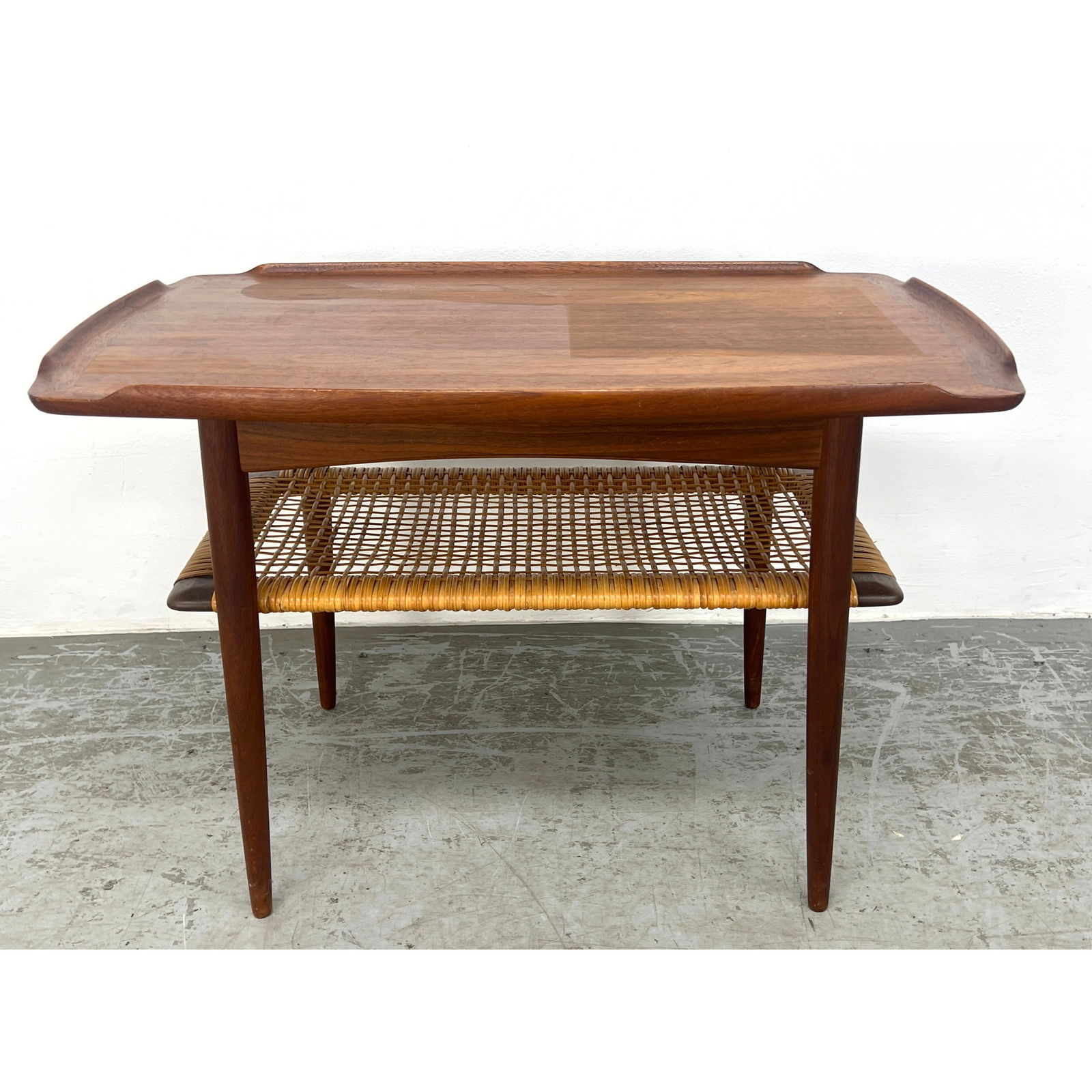 Poul Jensen Selig Danish Modern Teak Two Tier End Table Denmark. Woven rattan shelf (1 of 10)