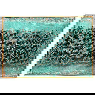 Copper Welded Shaped Tube Sculpture. Mounted of Green turquoise painted wood panel. Brutalist Abstra: Copper Welded Shaped Tube Sculpture. Mounted of Green turquoise painted wood panel. Brutalist Abstract Modern. No signature found. Dimensions: Height: 24.5 inches, Width: 16.5 inches, Depth: 4 inches.