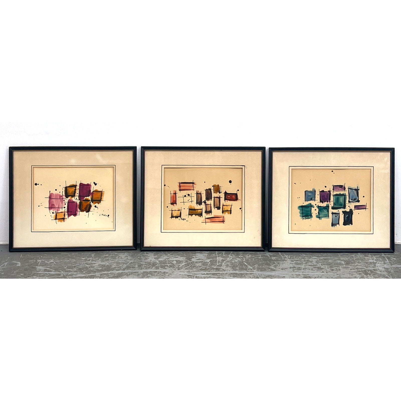 3pc L TORO Abstract Modernist Watercolor Paintings. Signed. (1 of 20)
