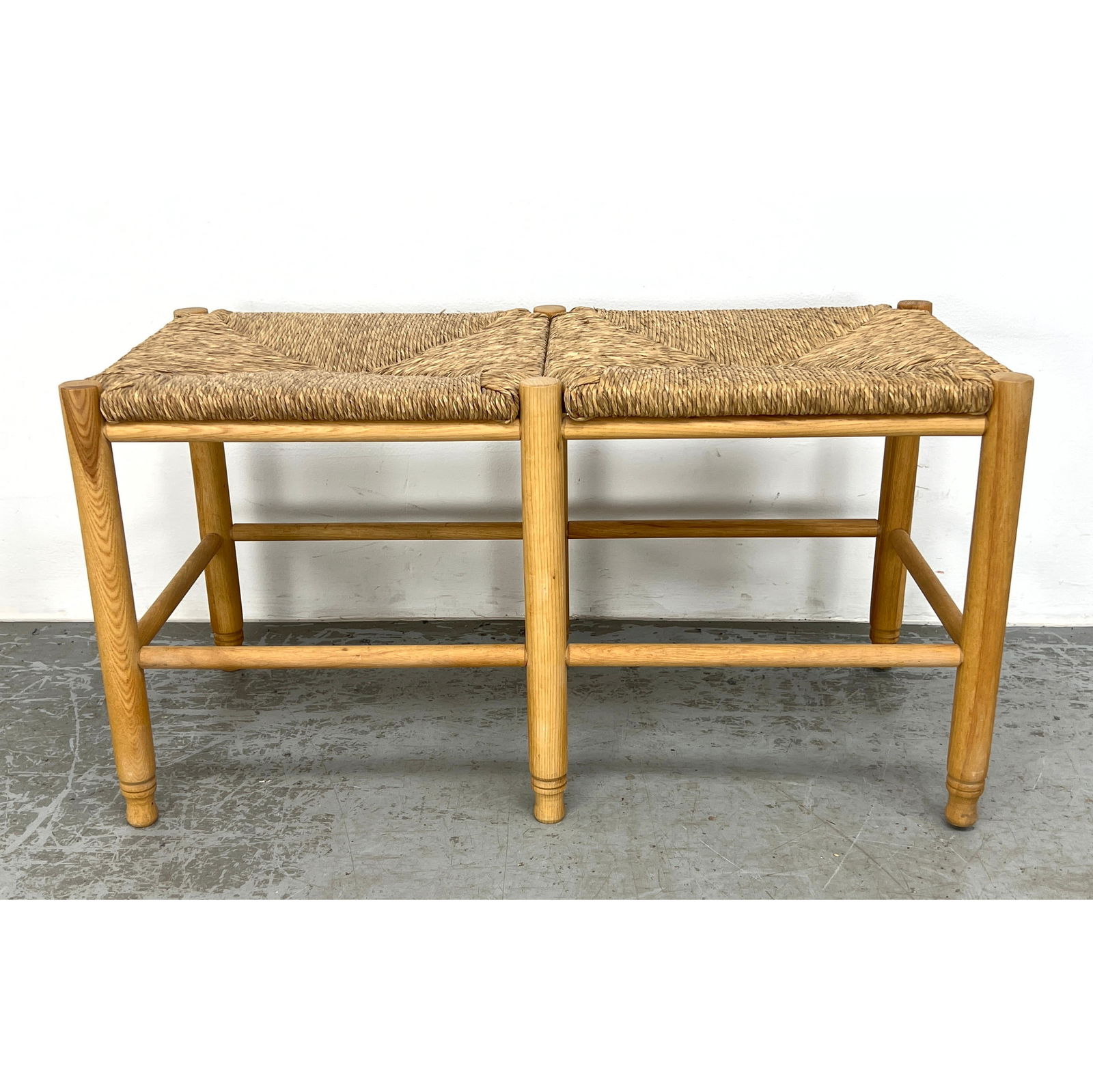 Vintage Wood Frame Bench. Double wrapped woven rush seats. (1 of 11)