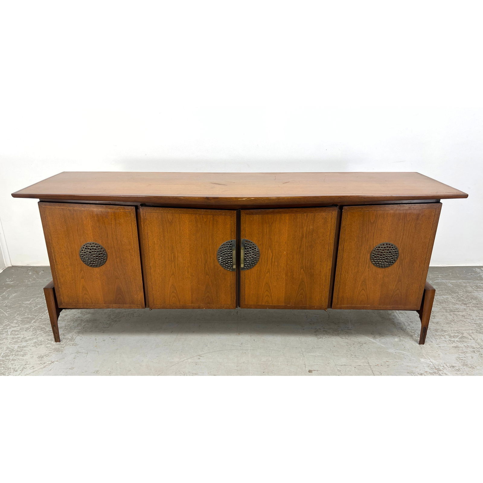 HELEN HOBY BAKER Four Door Mid Century Credenza. Asian inspired cabinet with extended decorative leg (1 of 10)