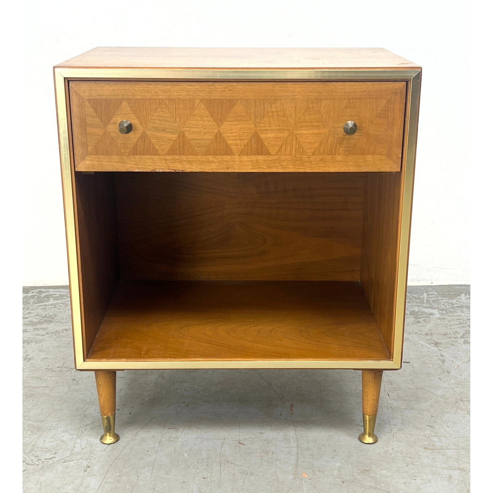 LANE American Modern Walnut Night Stand. Single drawer with diamond pattern inlay. Brass tone trim a (1 of 9)