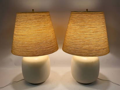 Pair Danish Modern Bostlund Lotte Glazed Ceramic Table Lamps. Original shades.: Pair Danish Modern Bostlund Lotte Glazed Ceramic Table Lamps. Original shades. Dimensions: Height: 24 inches, Width: 10 inches, Depth: 10 inches. --- US Packing and Shipping charge: In house shipping