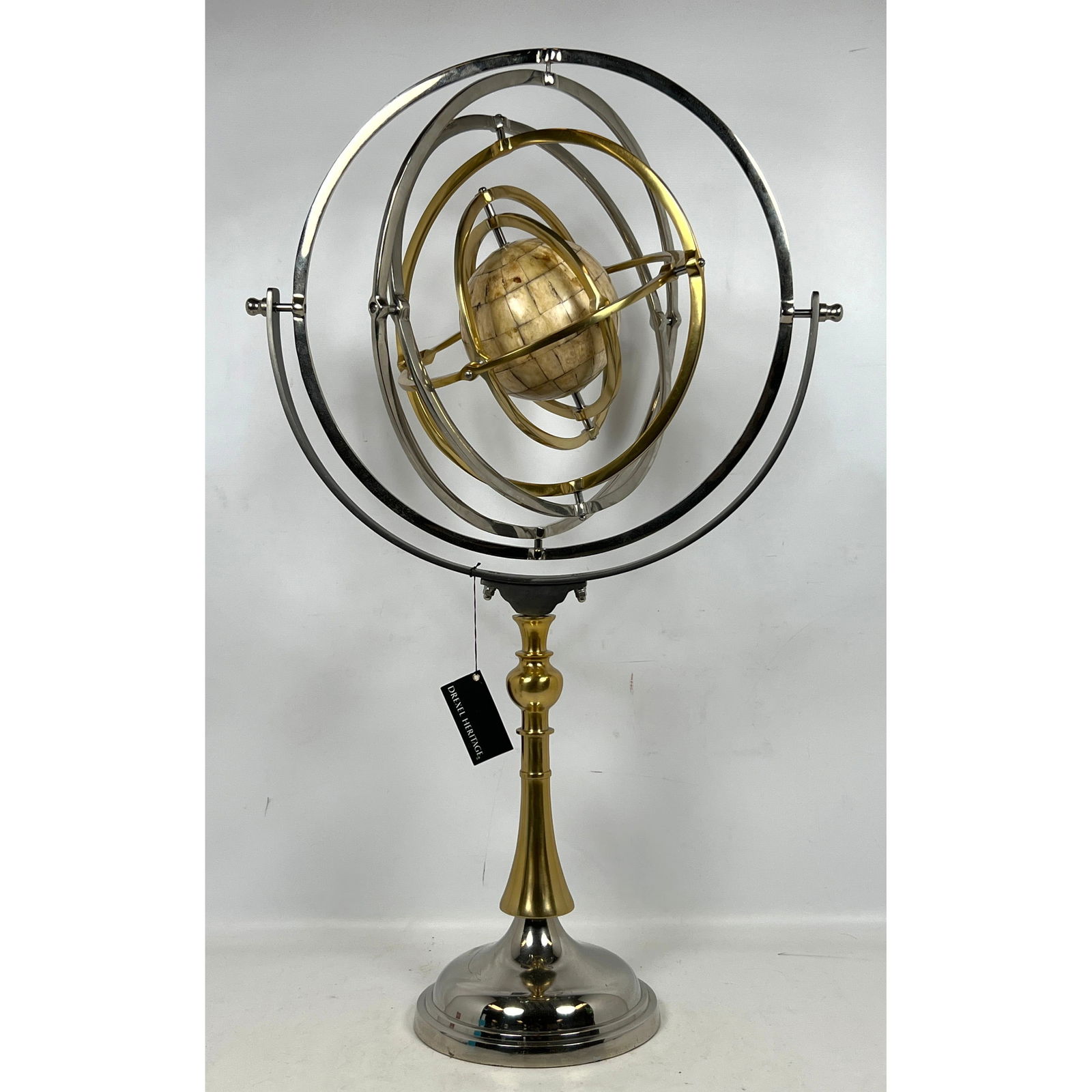 DREXEL HERITAGE Chrome, Brass Armillary. Tessellated Bone Tile Globe. Drexel Hang Tag.: DREXEL HERITAGE Chrome, Brass Armillary. Tessellated Bone Tile Globe. Drexel Hang Tag. Dimensions: Height: 35.5 inches, Width: 21.5 inches, Depth: 9 inches. --- - We offer curbside delivery for most i