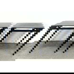 PR JOHN KEAL for BROWN SALTMAN Side Tables. Ebonized Finish on Wood Frames. Label.: PR JOHN KEAL for BROWN SALTMAN Side Tables. Ebonized Finish on Wood Frames. Label. Dimensions: Height: 14 inches, Width: 16.5 inches, Depth: 14.5 inches. --- - We offer curbside delivery for most item