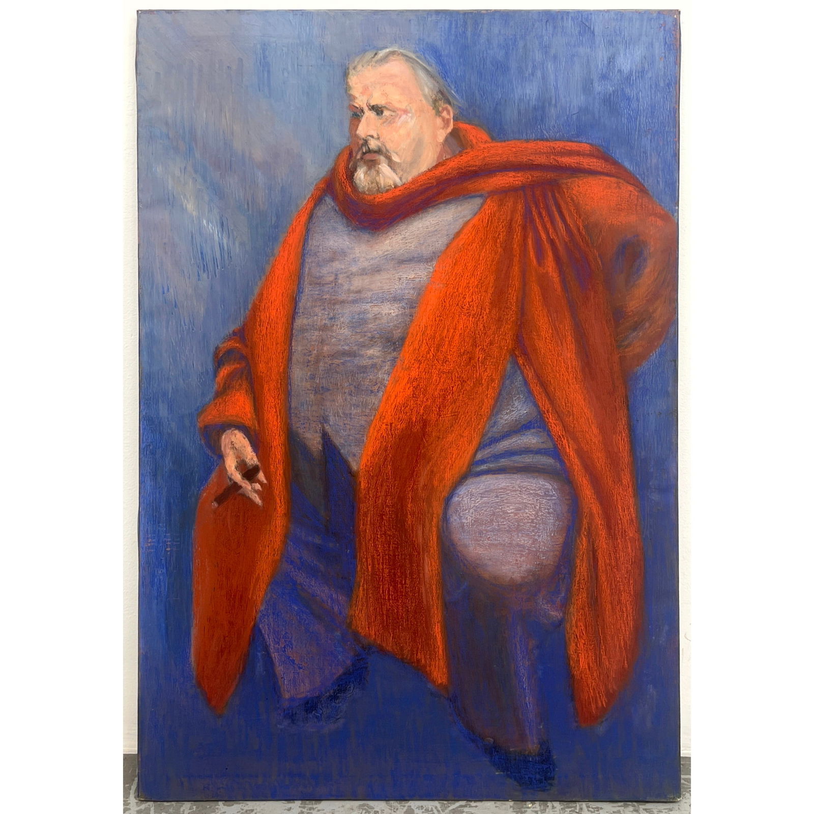 Large NORMAN RUBINGTON Bold Portrait Painting of ORSON WELLS. He wears bright red coat and scarf. O/ (1 of 9)