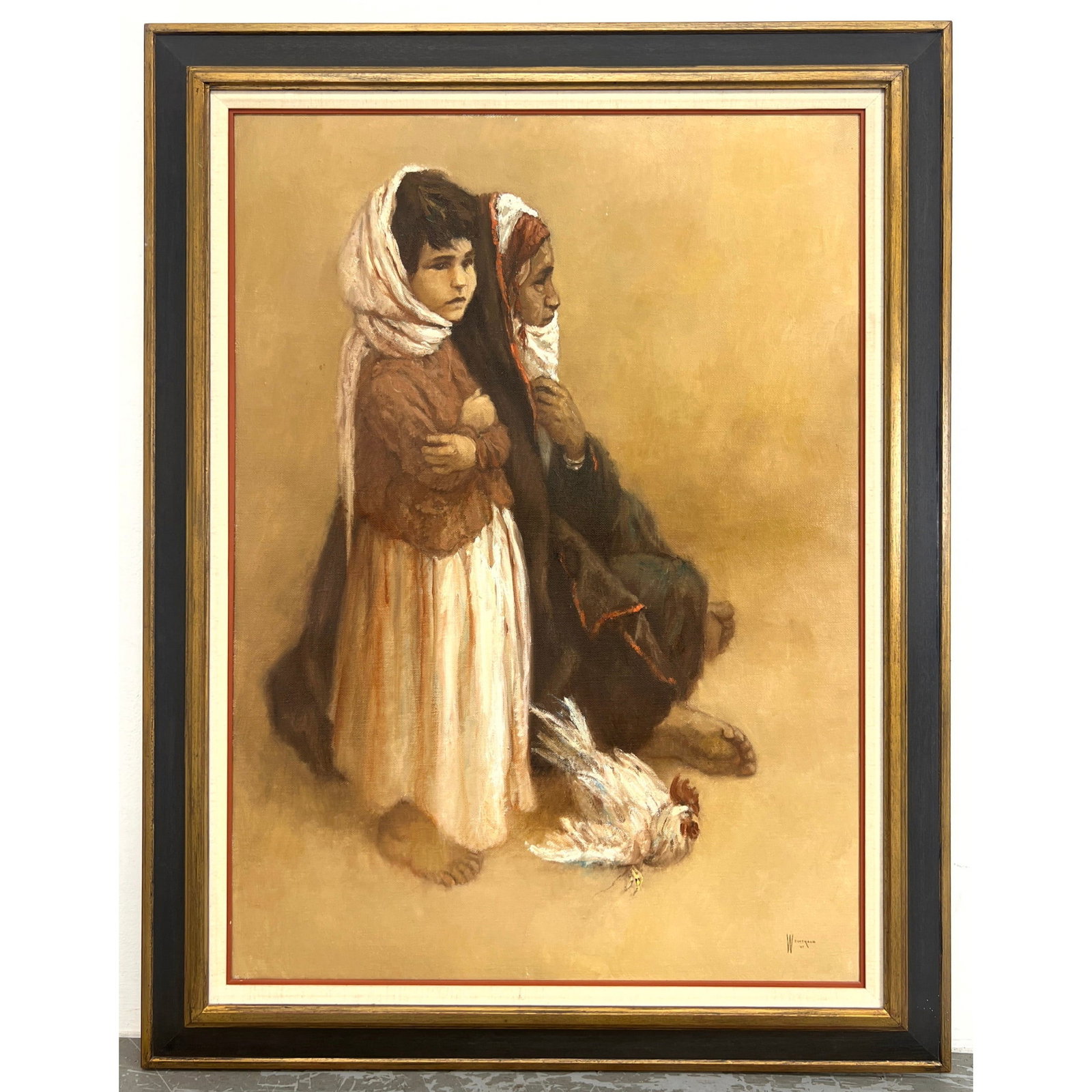 WILLIAM WEINTRAUB Figural Oil Painting. 2 Figures with Chicken. Signed, Dated 67.: WILLIAM WEINTRAUB Figural Oil Painting. 2 Figures with Chicken. Signed, Dated 67. Dimensions: Frame Height: 47 inches, Frame Width: 37 inches. - Image Size: Image Height: 39 inches, Image Width: 28.5 