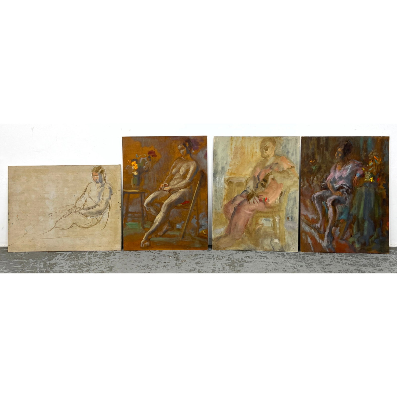 Group 4 Impressionist Muted Tone Paintings on Canvas. Nude figures. Sketches.: Group 4 Impressionist Muted Tone Paintings on Canvas. Nude figures. Sketches. Dimensions: Height: 24 inches, Width: 18 inches. --- - We offer curbside delivery for most items to NYC, Manhattan, Close 