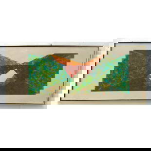 R DAVIS Modernist Abstract Mixed Media Print. Colorful Geometric. "Diagonal Slice" #55/75. Signed.: R DAVIS Modernist Abstract Mixed Media Print. Colorful Geometric. "Diagonal Slice" #55/75. Signed. Dimensions: Height: 19 inches, Width: 44.25 inches. --- - We offer curbside delivery for most items t