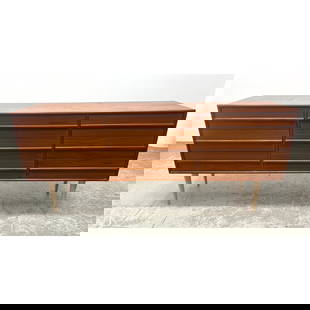 Mid Century Modern Teak Low Dresser Credenza. Not original legs: Mid Century Modern Teak Low Dresser Credenza. Not original legs Dimensions: Height: 32.5 inches, Width: 75 inches, Depth: 18.5 inches. --- - We offer curbside delivery for most items to NYC, Manhattan