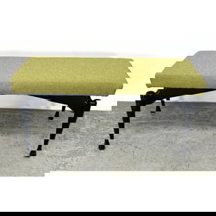 Ebonized Wood Frame Modernist Bench. Upholstered Cushion Top.: Ebonized Wood Frame Modernist Bench. Upholstered Cushion Top. Dimensions: Height: 17 inches, Width: 37 inches, Depth: 17 inches. --- - We offer curbside delivery for most items to NYC, Manhattan, Clos