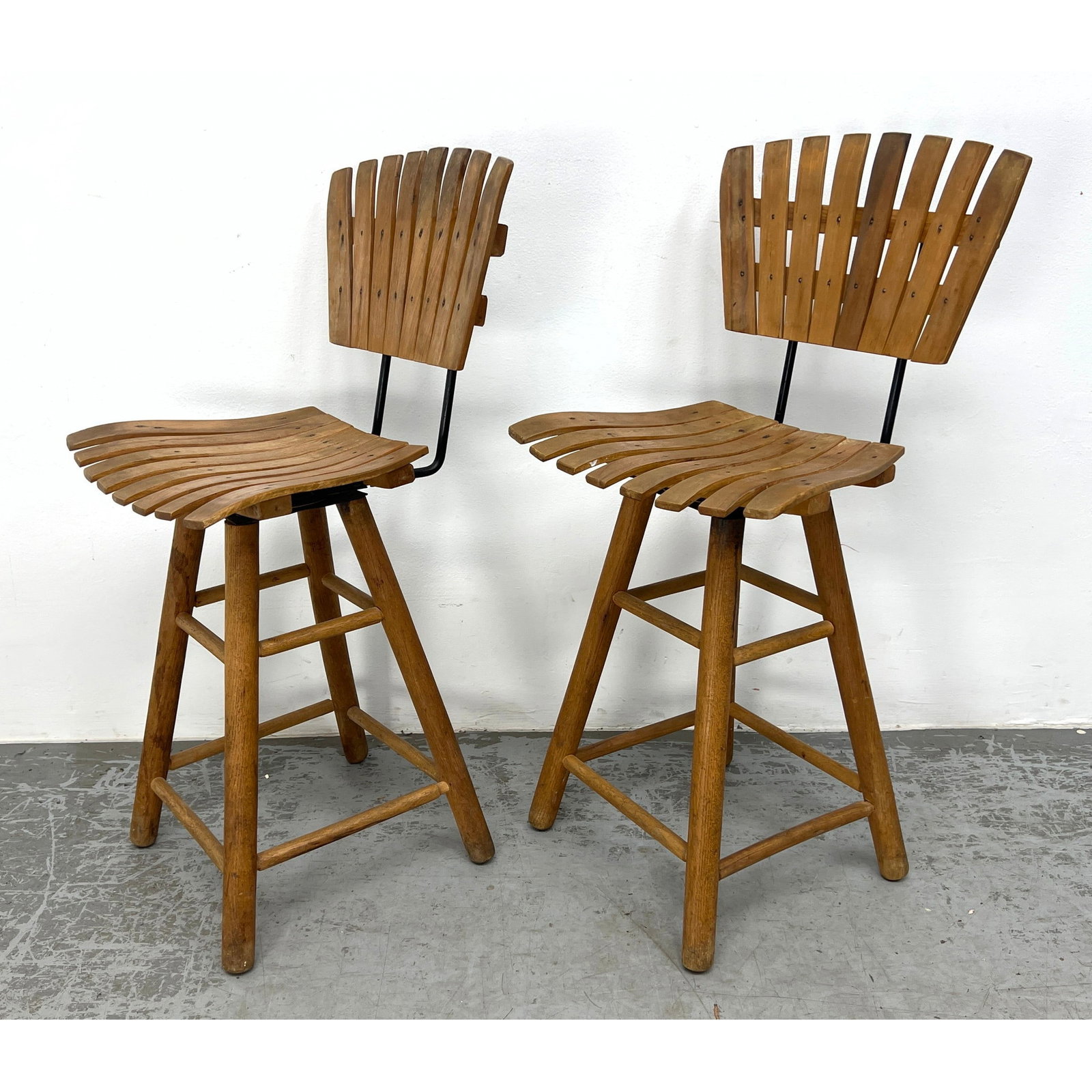Pr Wood Slat Swivel Seat Bar Stools. Wood Legs. (1 of 16)