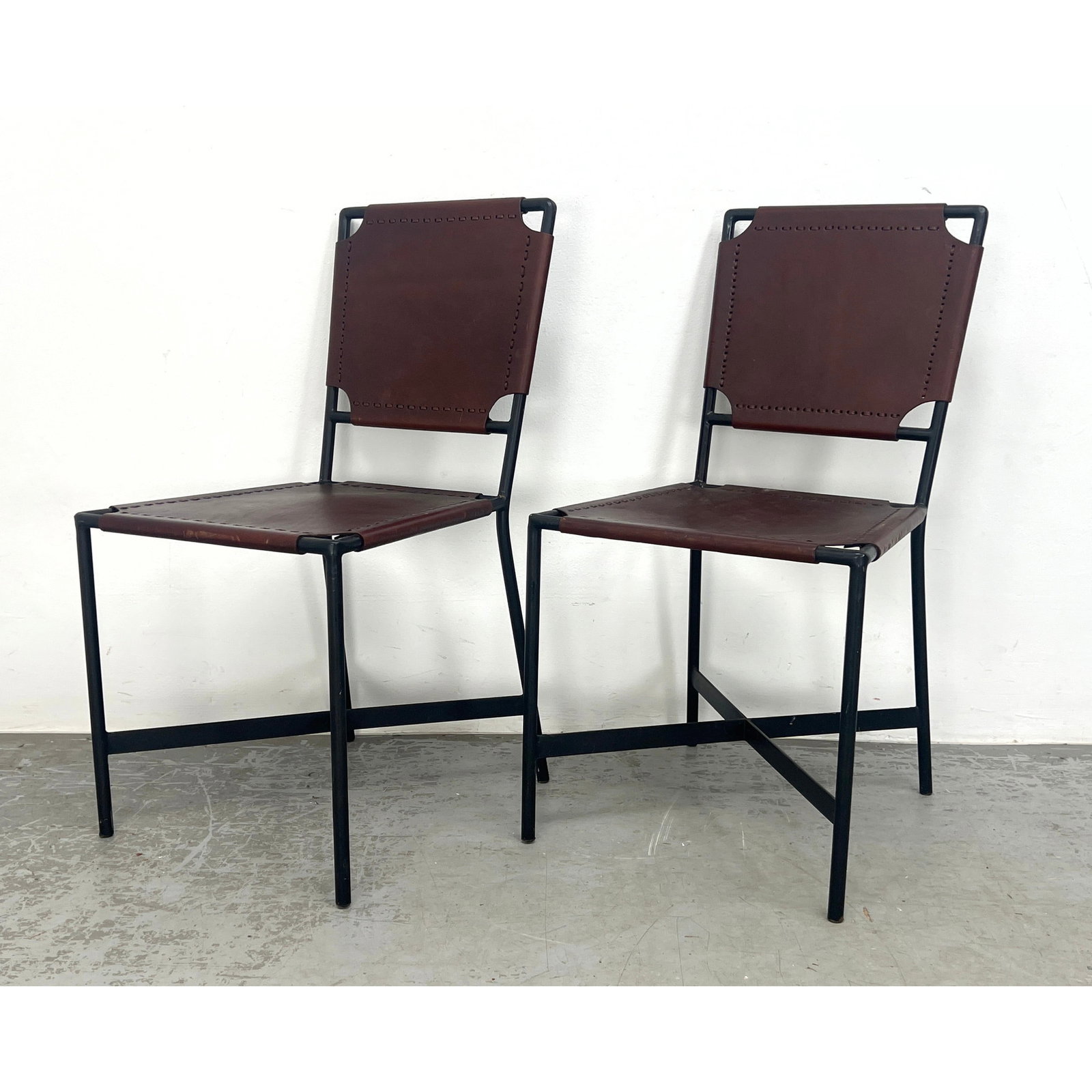 Pair Italian Steel and Leather Side Chairs.: Pair Italian Steel and Leather Side Chairs. Dimensions: Height: 35 inches, Width: 16.5 inches, Depth: 23 inches. - Seat Height: 18 inches --- - We offer curbside delivery for most items to NYC, Manhat