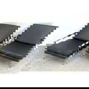 Pair Milo Baughman Style Lounge Chairs. Flat chrome frames.: Pair Milo Baughman Style Lounge Chairs. Flat chrome frames. Dimensions: Height: 29 inches, Width: 28.5 inches, Depth: 32 inches. - Seat Height: 17 inches --- - We offer curbside delivery for most item