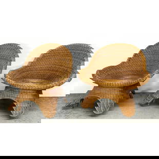 Pair Wicker Rattan Lounge Chairs.: Pair Wicker Rattan Lounge Chairs. Dimensions: Height: 34 inches, Width: 35 inches, Depth: 26 inches. --- - We offer curbside delivery for most items to NYC, Manhattan, Close Brooklyn, Hoboken about a