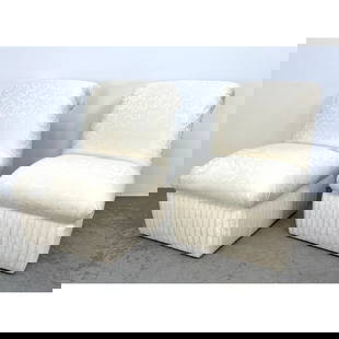 Pr Modernist Cream Upholstery Slipper Chairs. Designer Seating.: Pr Modernist Cream Upholstery Slipper Chairs. Designer Seating. Dimensions: Height: 33 inches, Width: 24 inches, Depth: 34 inches. - Seat Height: 16 inches --- - We offer curbside delivery for most it