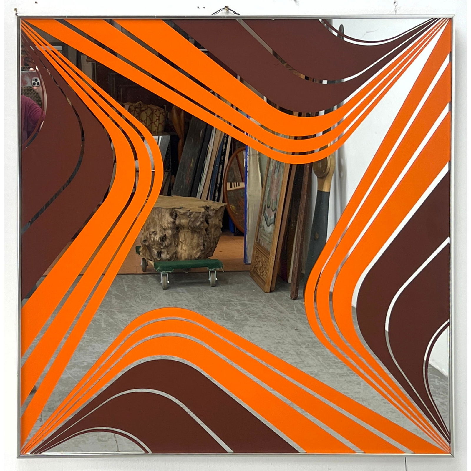 MARK WARREN 1977 Silkscreened Art Mirror. Orange and brown silkscreened design on hanging Mirror. Ma (1 of 12)