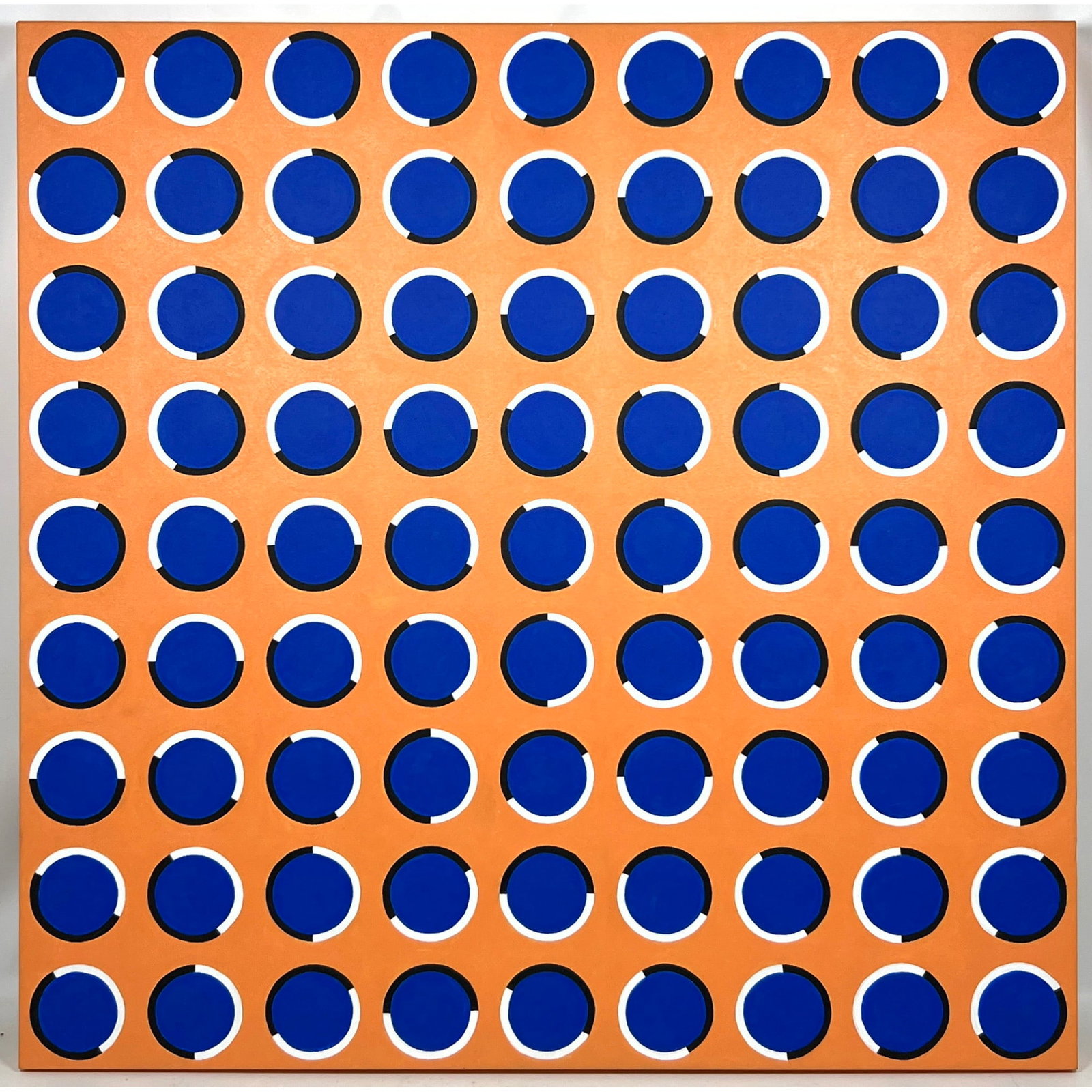 TIM RAY FISHER Modernist Painting. Framed Blue Dots against Orange Ground. Signed.: TIM RAY FISHER Modernist Painting. Framed Blue Dots against Orange Ground. Signed. Dimensions: Height: 36 inches, Width: 36 inches. --- US Packing and Shipping charge: $95 Plus required insurance at a