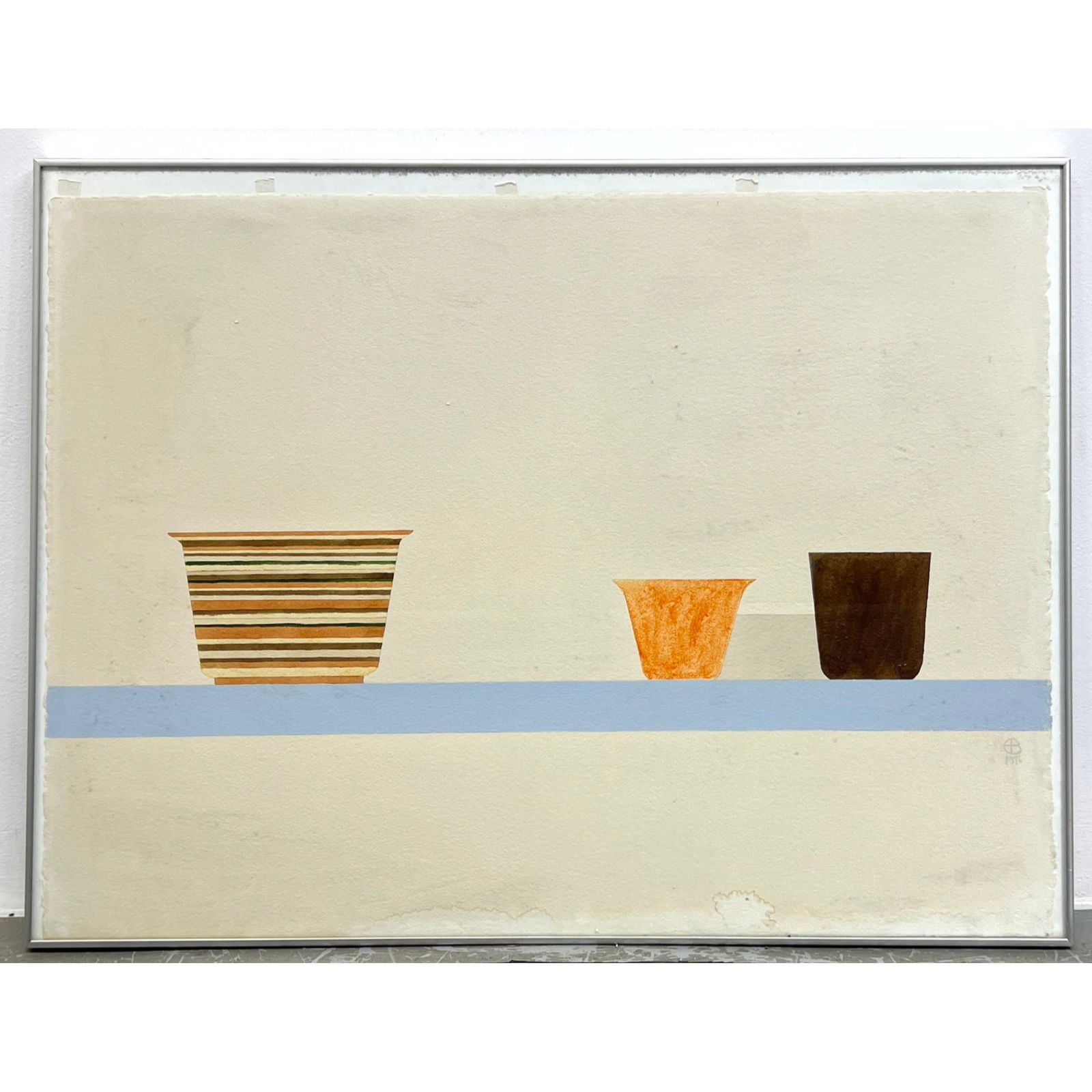 ED BAYNARD Watercolor Still Life. 3 Vessels on blue shelf. Gallery Label. Artist's cipher and dated: ED BAYNARD Watercolor Still Life. 3 Vessels on blue shelf. Gallery Label. Artist's cipher and dated 1976. Dimensions: Frame Height: 31.5 inches, Frame Width: 42.75 inches. - Image Size: Image Height: