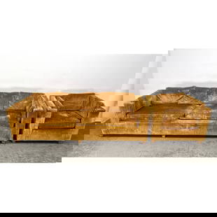 2pc Gold Velvet MCM Sofa and Lounge Chair. Square Cube Form Frames with High Arms. Upholstered feet.: 2pc Gold Velvet MCM Sofa and Lounge Chair. Square Cube Form Frames with High Arms. Upholstered feet. Dimensions: Height: 26 inches, Width: 95 inches, Depth: 33.5 inches. - Seat Height: 17 inches - Add