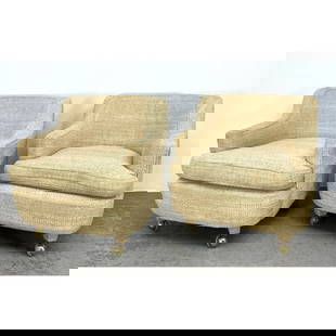 Pr Modernist Lounge Chairs. Oatmeal Fabric. Roll on 4 Legs with Casters.: Pr Modernist Lounge Chairs. Oatmeal Fabric. Roll on 4 Legs with Casters. Dimensions: Height: 27.5 inches, Width: 26 inches, Depth: 32 inches. - Seat Height: 18 inches --- - We offer curbside delivery