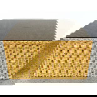 Woven Wicker Rattan CALIF-ASIA Coffee Table. Smoked Glass Top. Handcrafted in Philippines. Label.: Woven Wicker Rattan CALIF-ASIA Coffee Table. Smoked Glass Top. Handcrafted in Philippines. Label. Dimensions: Height: 16.5 inches, Width: 30 inches, Depth: 30 inches. --- - We offer curbside delivery