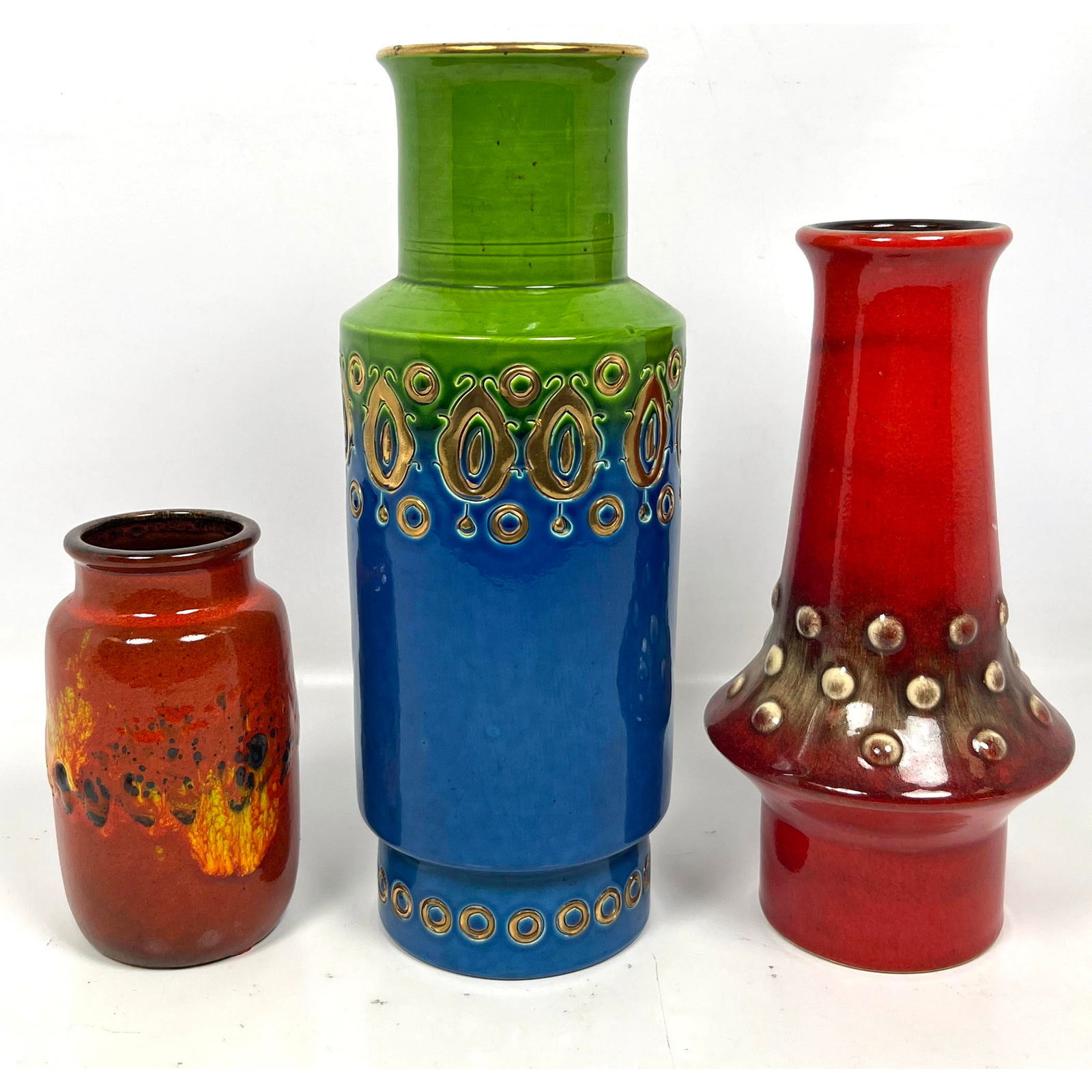 3pc Lot European MCM Art Pottery. ROSENTHAL NETTER Tall Green, Blue Vase; Paper Label. West German D (1 of 16)