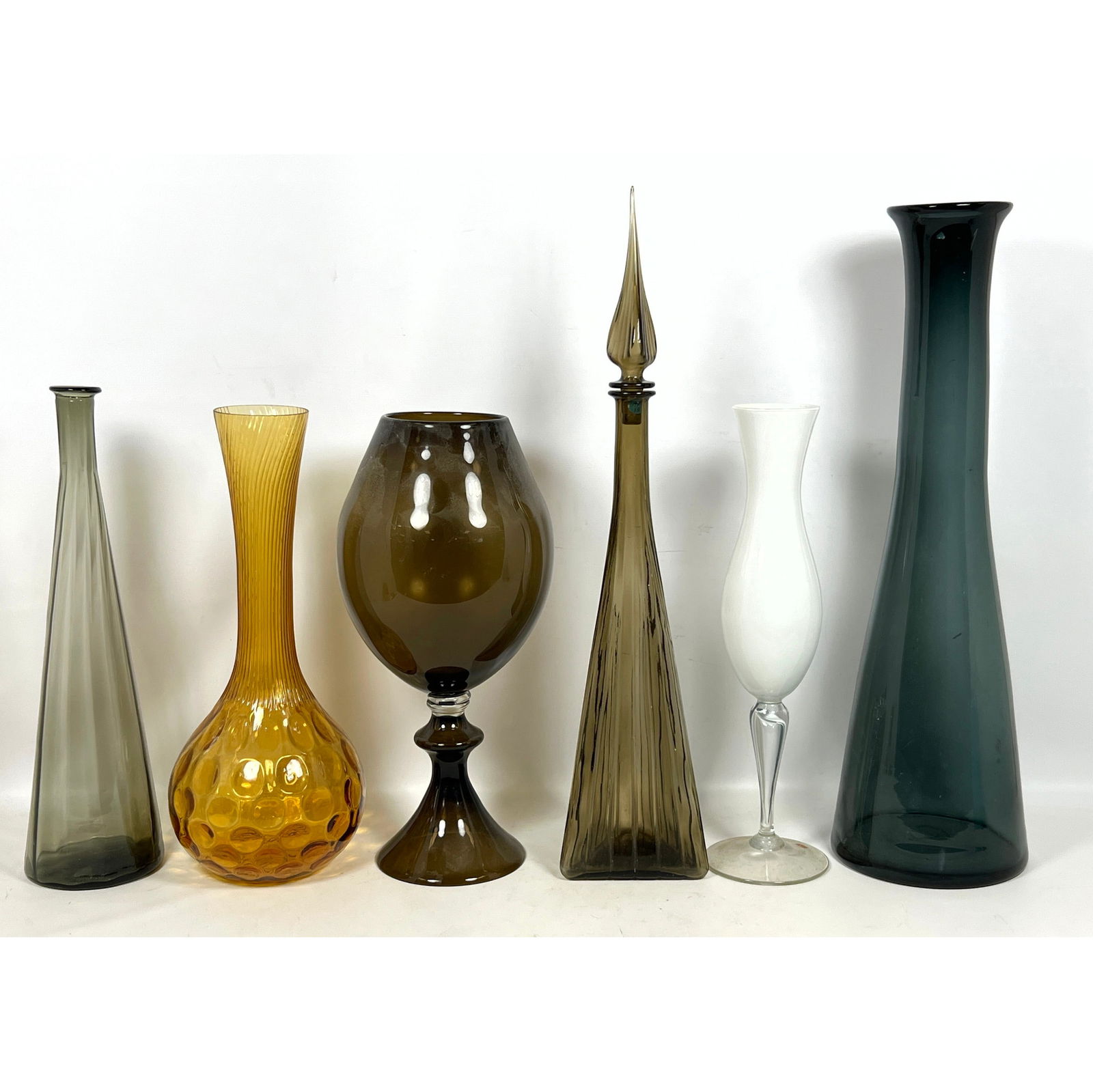 Collection of 6 MCM Colored Glass Vases, Bottles. Some Italian. Some with Labels. (1 of 20)