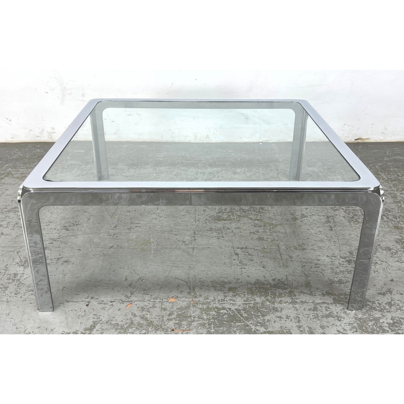 Pace style Chrome Cocktail table. Inset Glass Top. Heavy steel frame. (1 of 9)