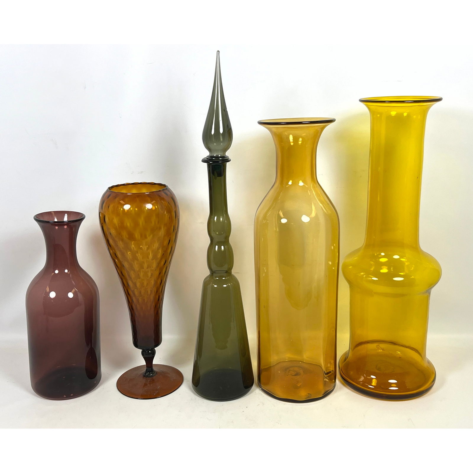 Collection of 5 MCM Colored Glass Vases, Bottle. Amber, Avocado and Amethyst Glass. Murano Amethyst (1 of 20)