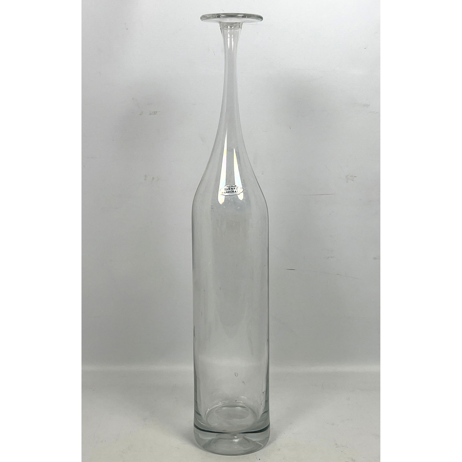 Blenko Handcraft MCM Clear Bottle. 22" Tall Narrow Neck Bottle Vase. Foil Label. (1 of 8)