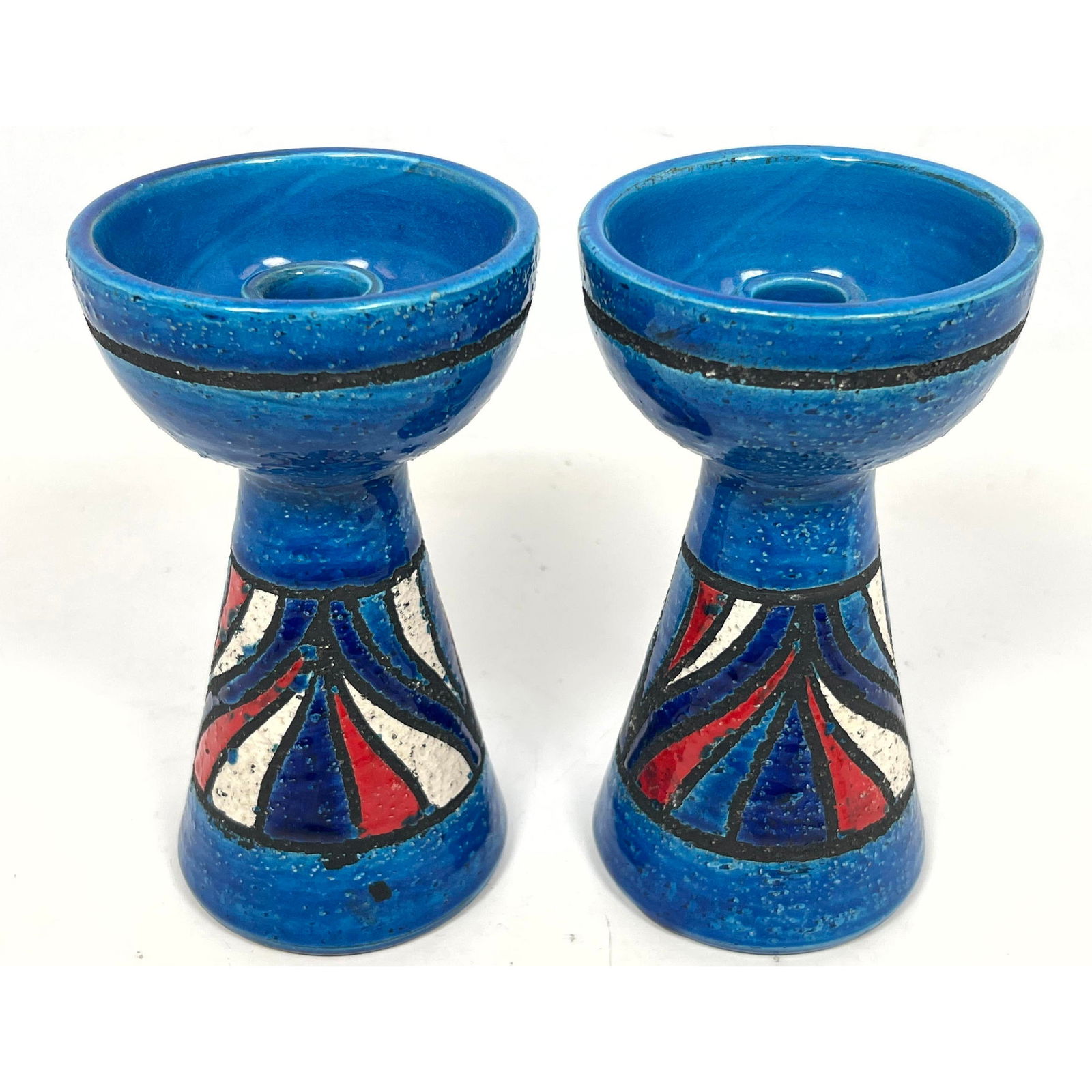 Pr ROSENTHAL-NETTER Blue Glazed Pottery Candlesticks. Red, White, Blue Decorative Band. Paper Label. (1 of 10)