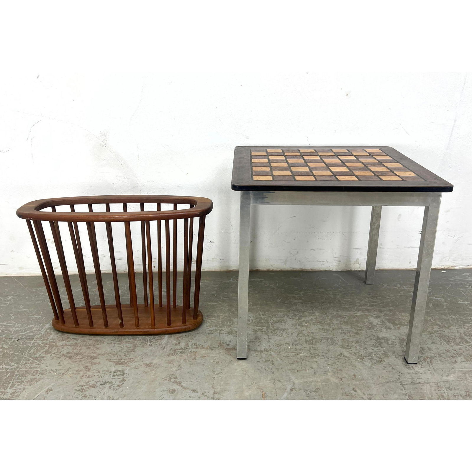 2pcs. Arthur Umanoff Walnut Wood Magazine Rack and Mid Century Checkerboard Top Side Table (1 of 14)