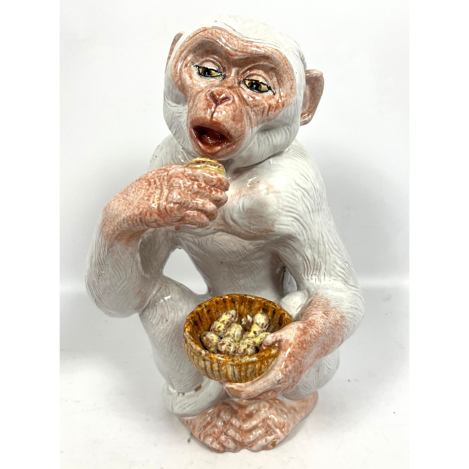 Italian Glazed Terracotta Monkey Sculpture. Monkey has bowl of peanuts. Marked Italy. (1 of 11)