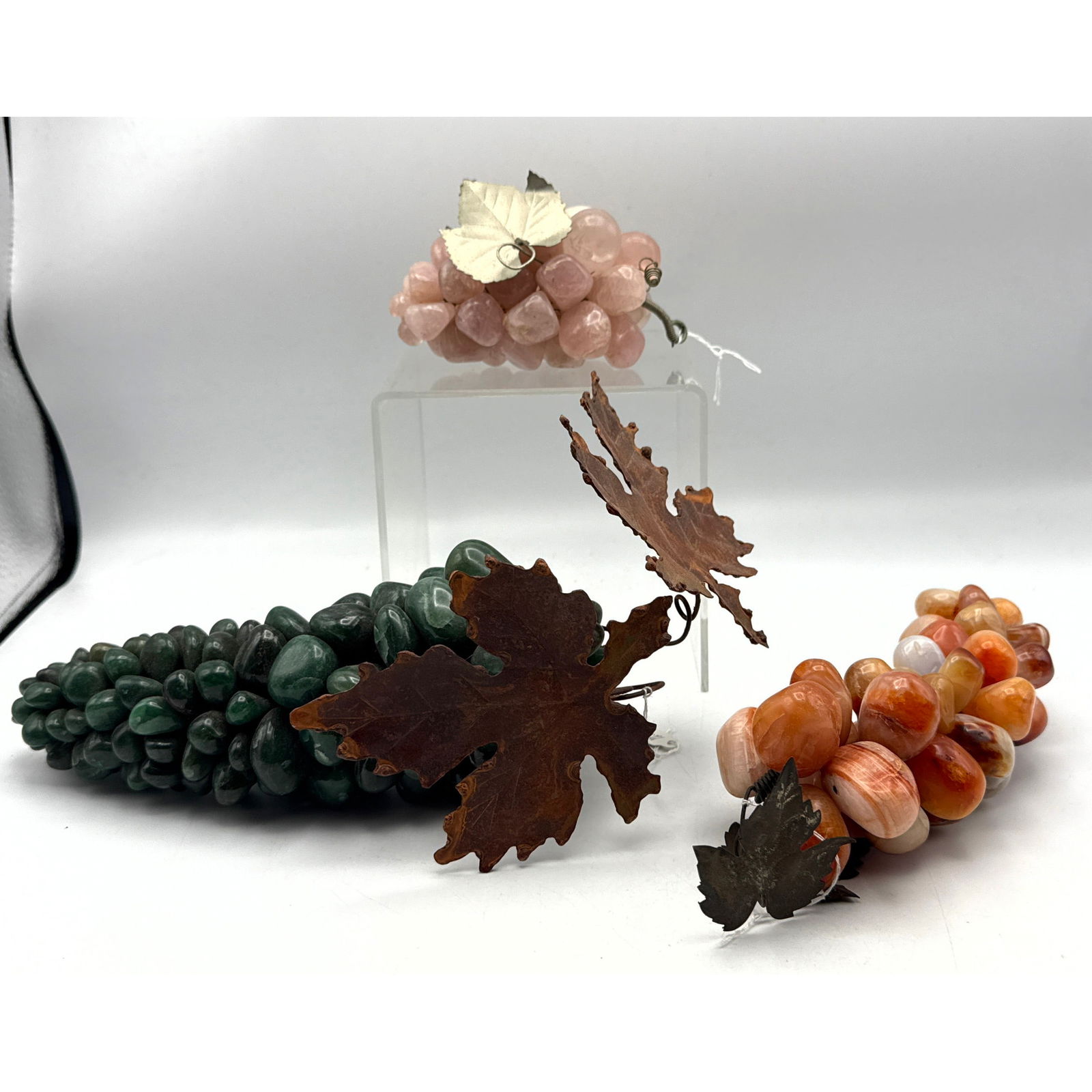 3pc Natural Real Stone Grape Clusters. Metal Leaves. Agate. Rose Quartz. (1 of 8)