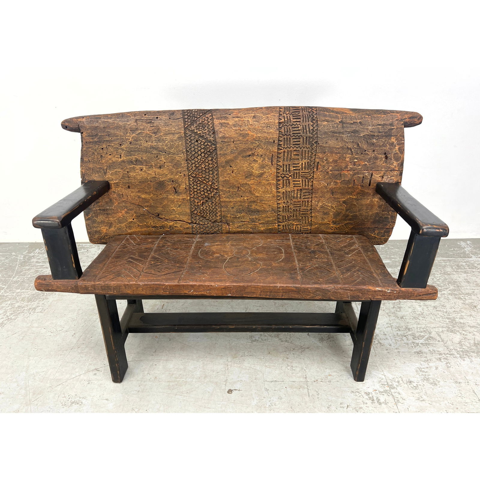 Rustic Custom Made Bench with African Style Carved Back And Seat. (1 of 12)