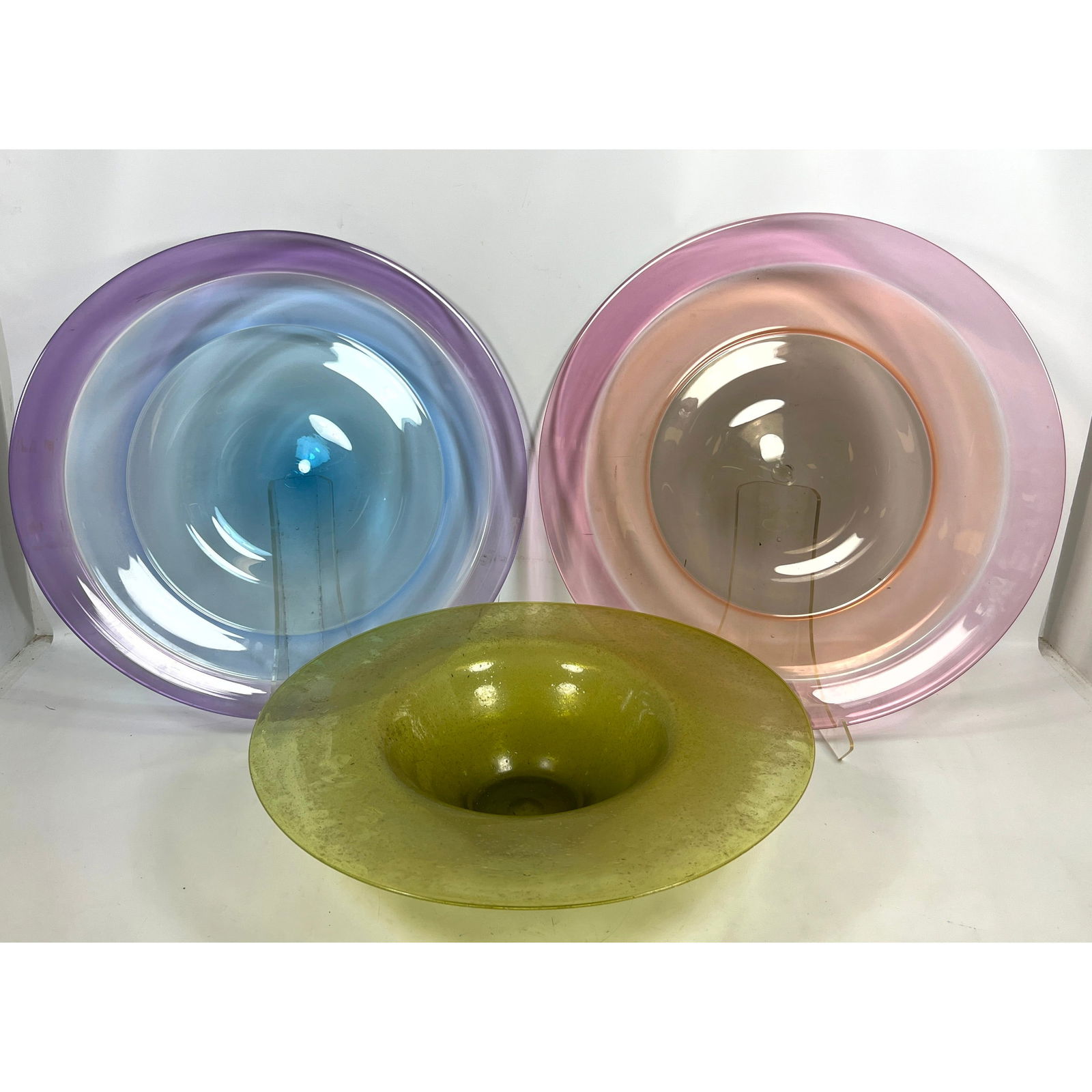 3 Large Pieces of Studio Glass. 2 Large Signed Chargers and Wide Rim Bowl. Chargers are signed. (1 of 15)