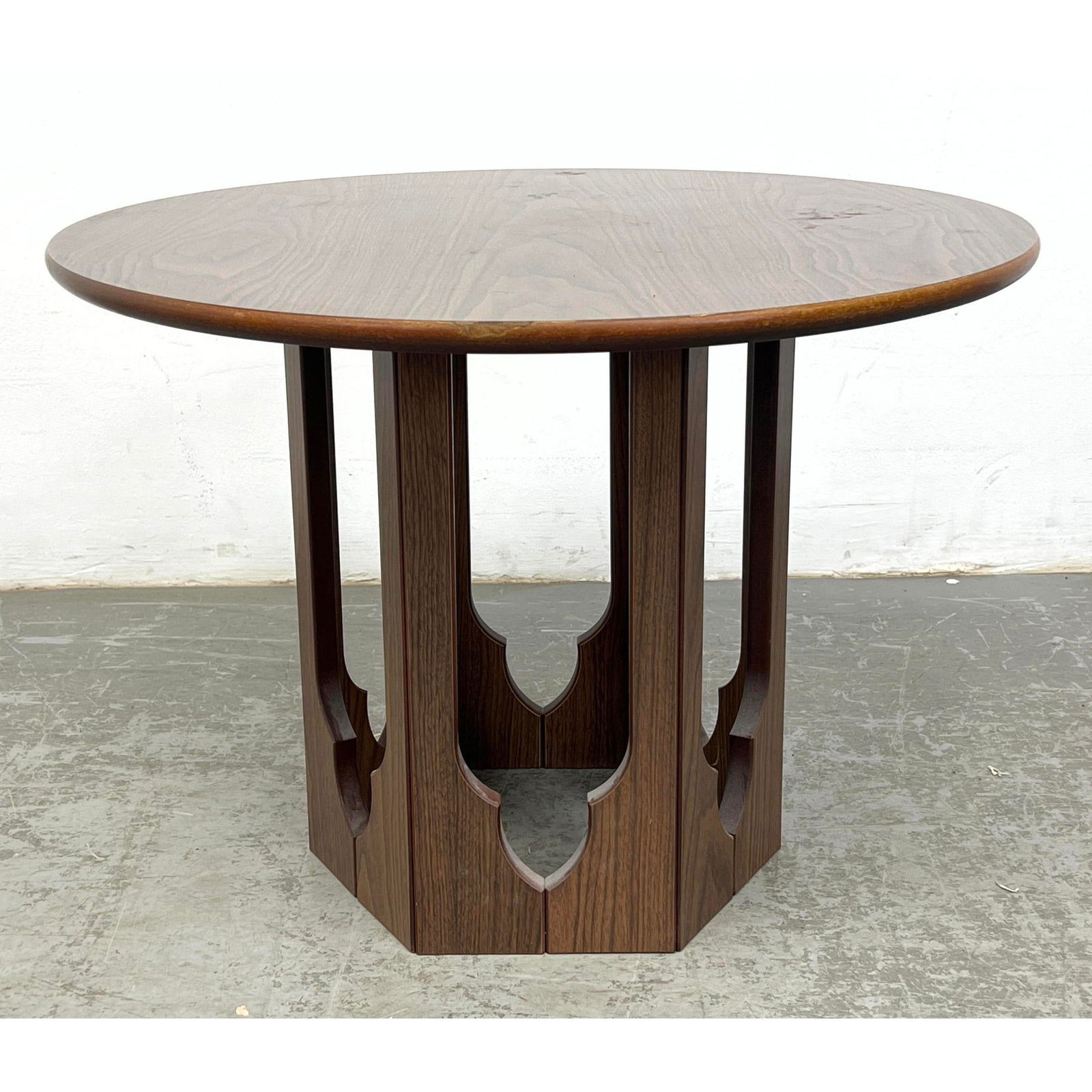 HARVEY PROBBER Style American Modern Walnut Side table. Round Top on Hexagonal Base. Base has revers (1 of 9)