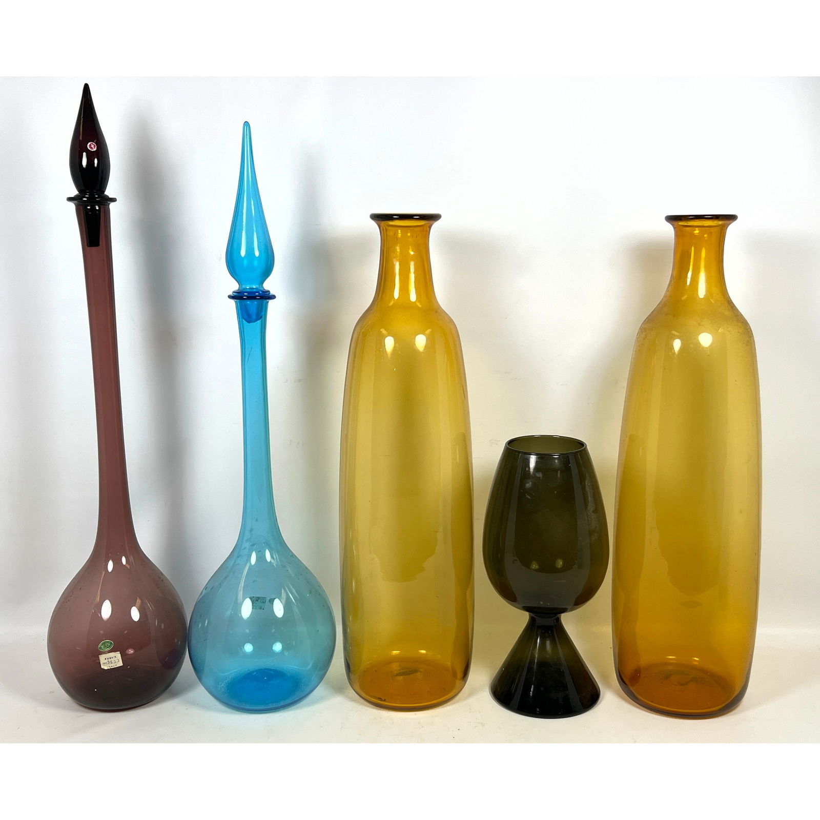 Collection of 5 MCM Colored Glass Vases, Bottles. Amber, Blue and Amethyst Glass. 2 Murano Italian L (1 of 17)