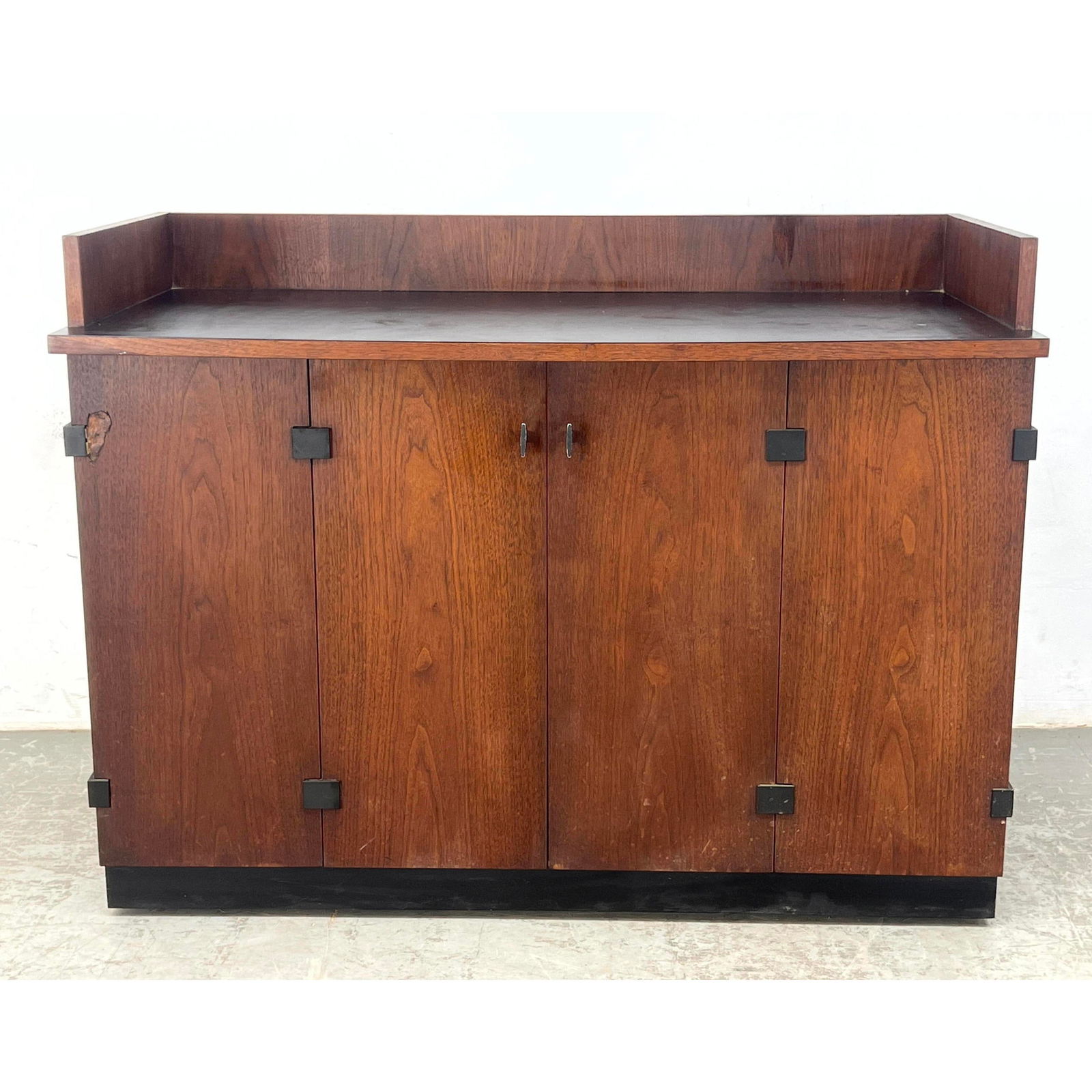 MILO BAUGHMAN for DIRECTIONAL Walnut Cabinet Server. Recessed Black Laminate Top. Black platform Bas (1 of 11)