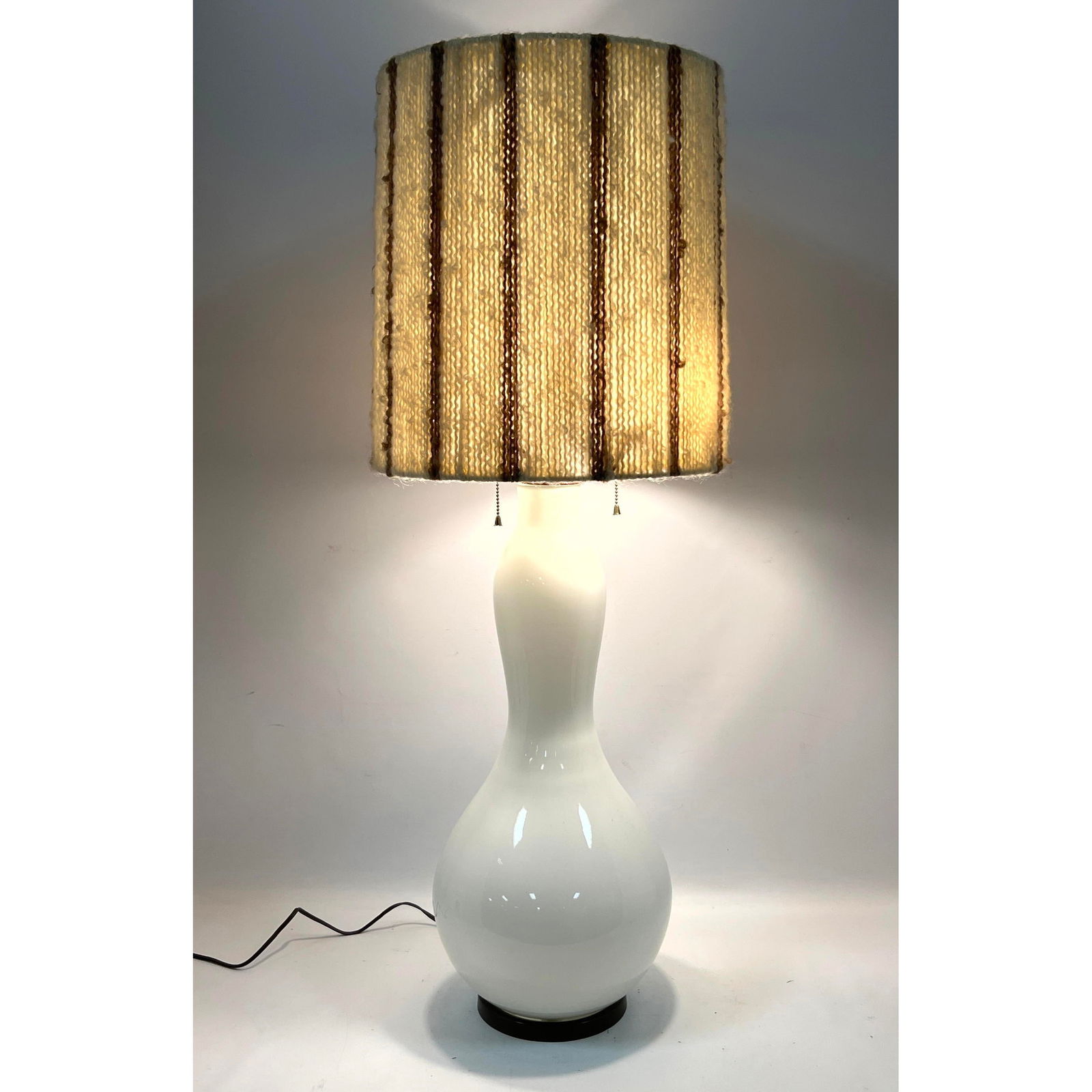 Modern Glass Bowling Pin Form Table Lamp. Walnut accents. Fiber Wrapped Shade. (1 of 15)